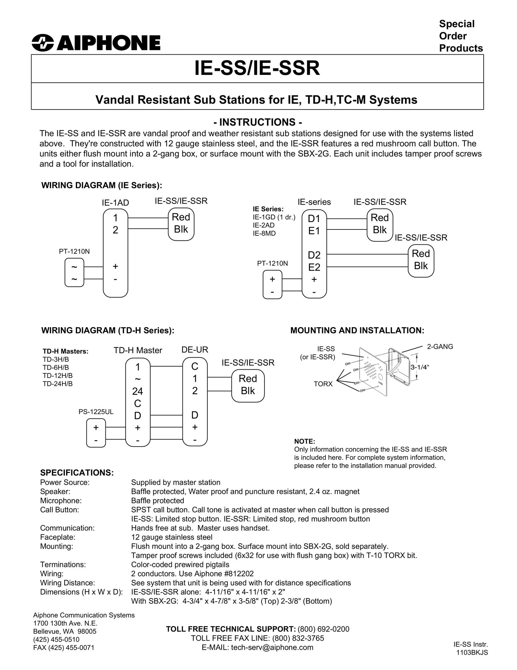 Aiphone IE-SSR Telephone User Manual
