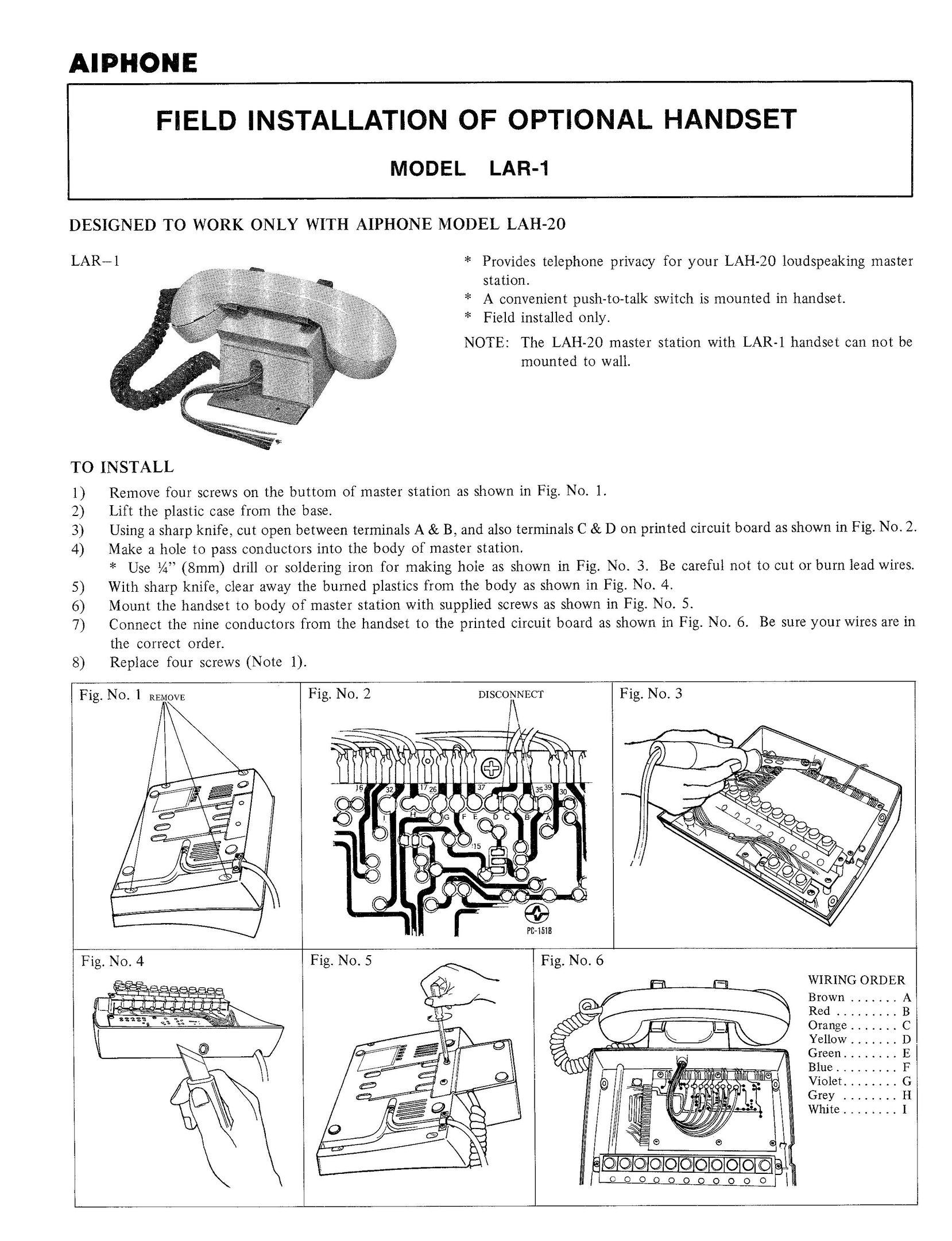 Aiphone LAR-1 Telephone User Manual