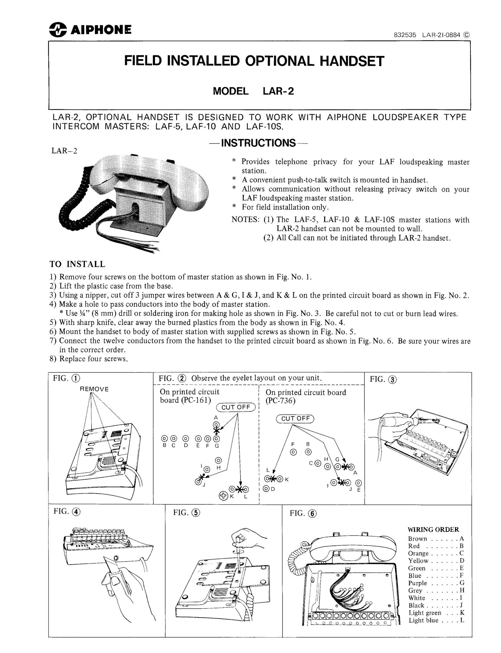 Aiphone LAR-2 Telephone User Manual