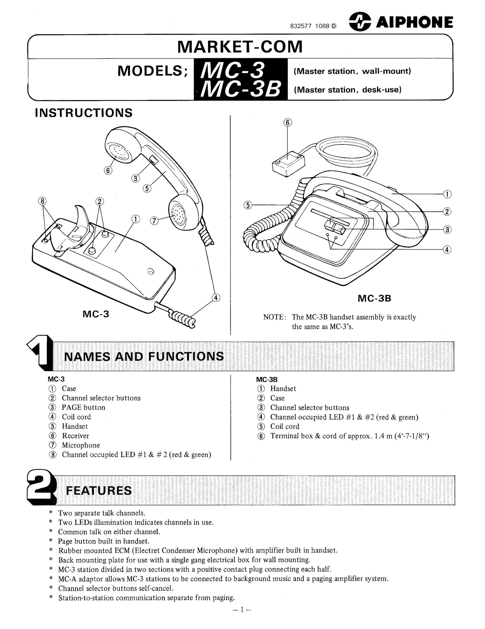 Aiphone MC-3 Telephone User Manual