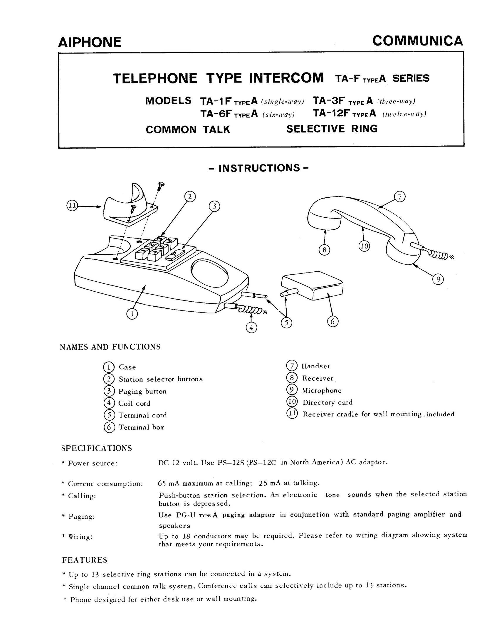 Aiphone TA-12F Telephone User Manual