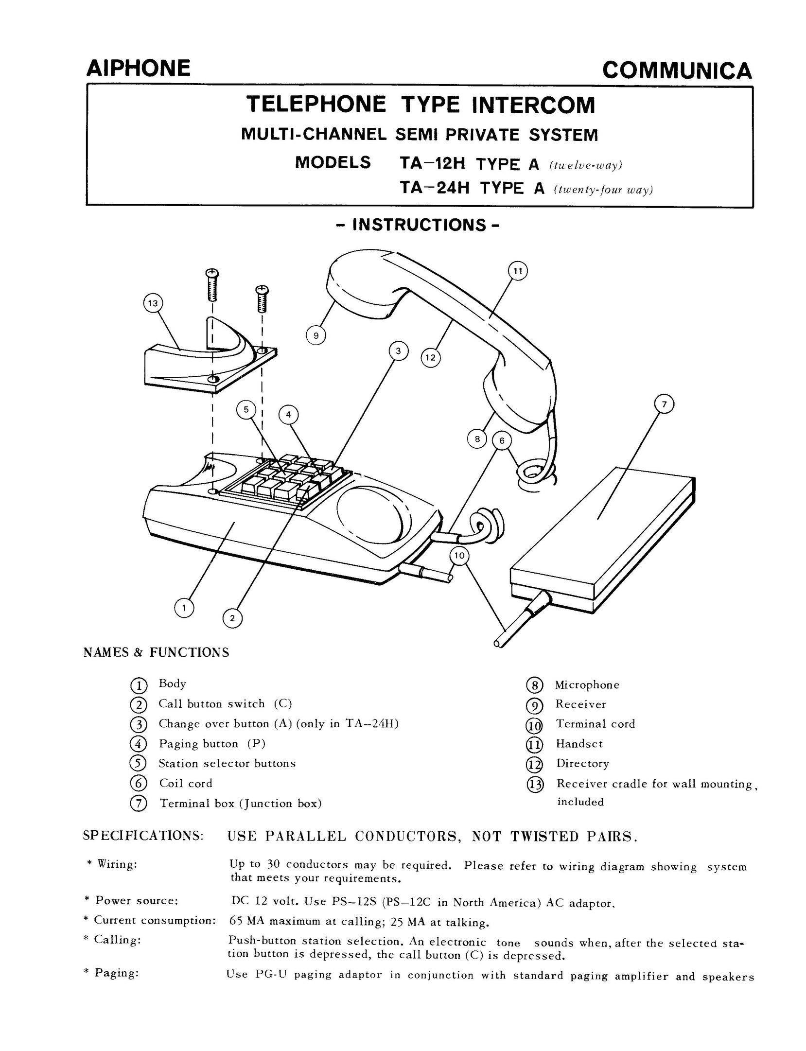 Aiphone TA-24H Telephone User Manual