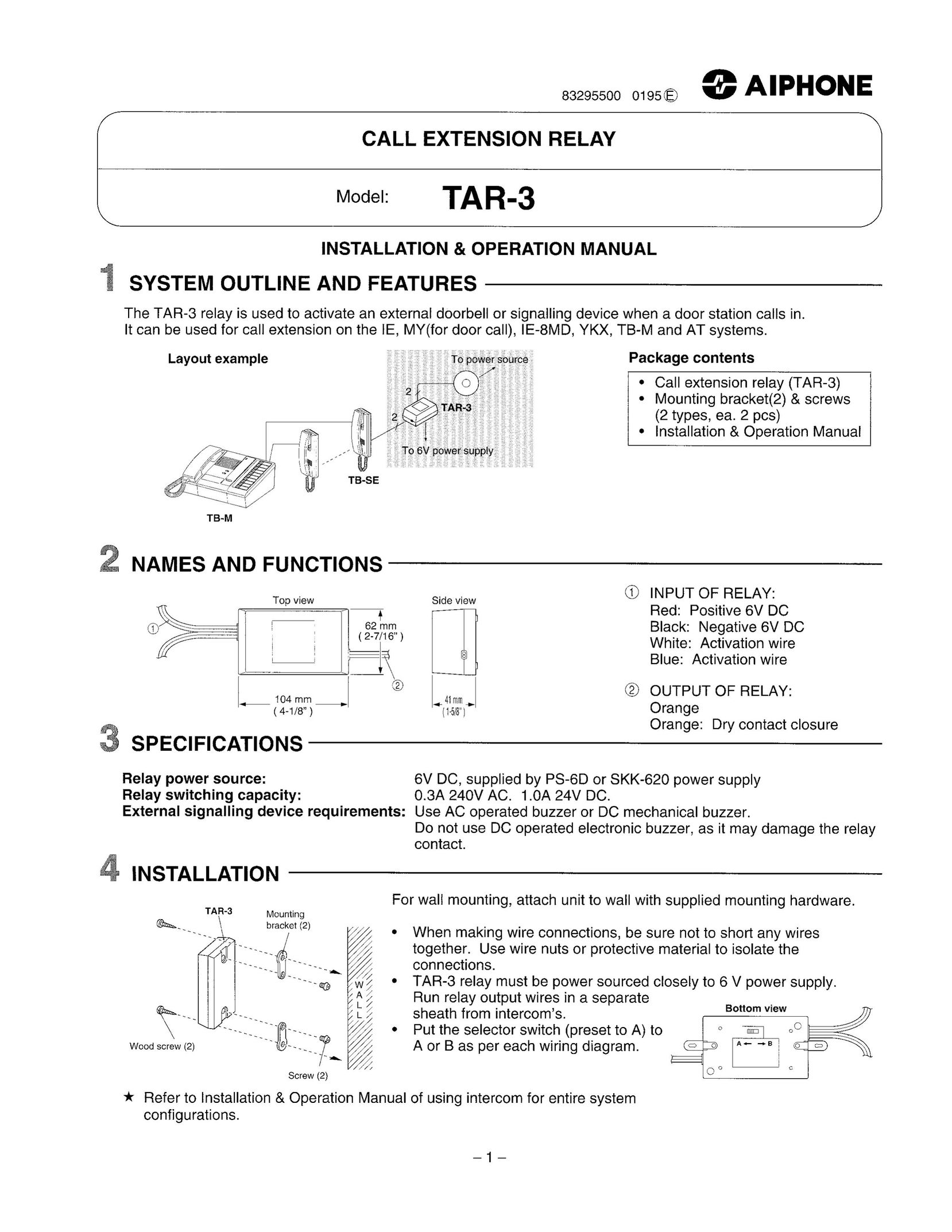 Aiphone TAR-3 Telephone User Manual