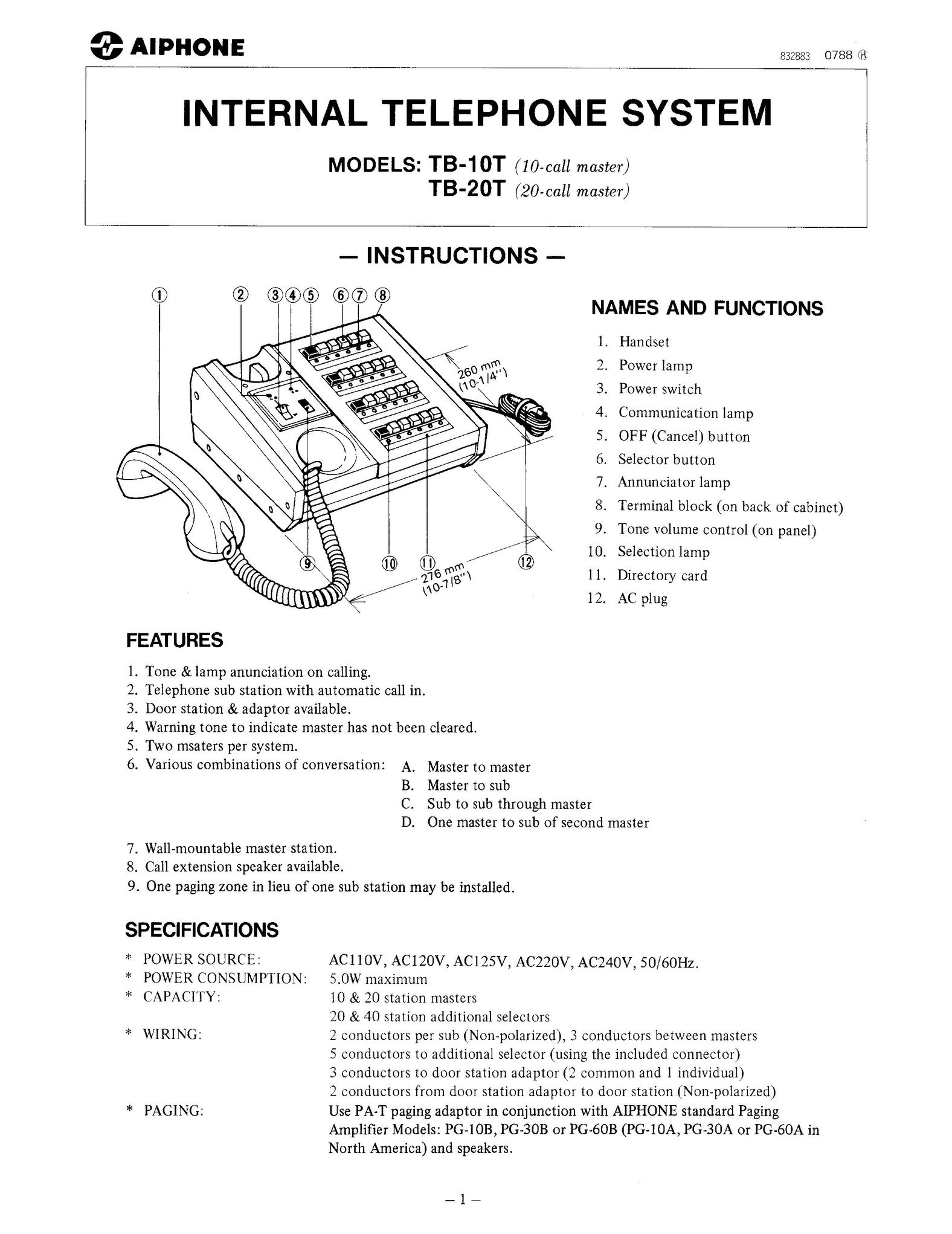 Aiphone TB-10T Telephone User Manual