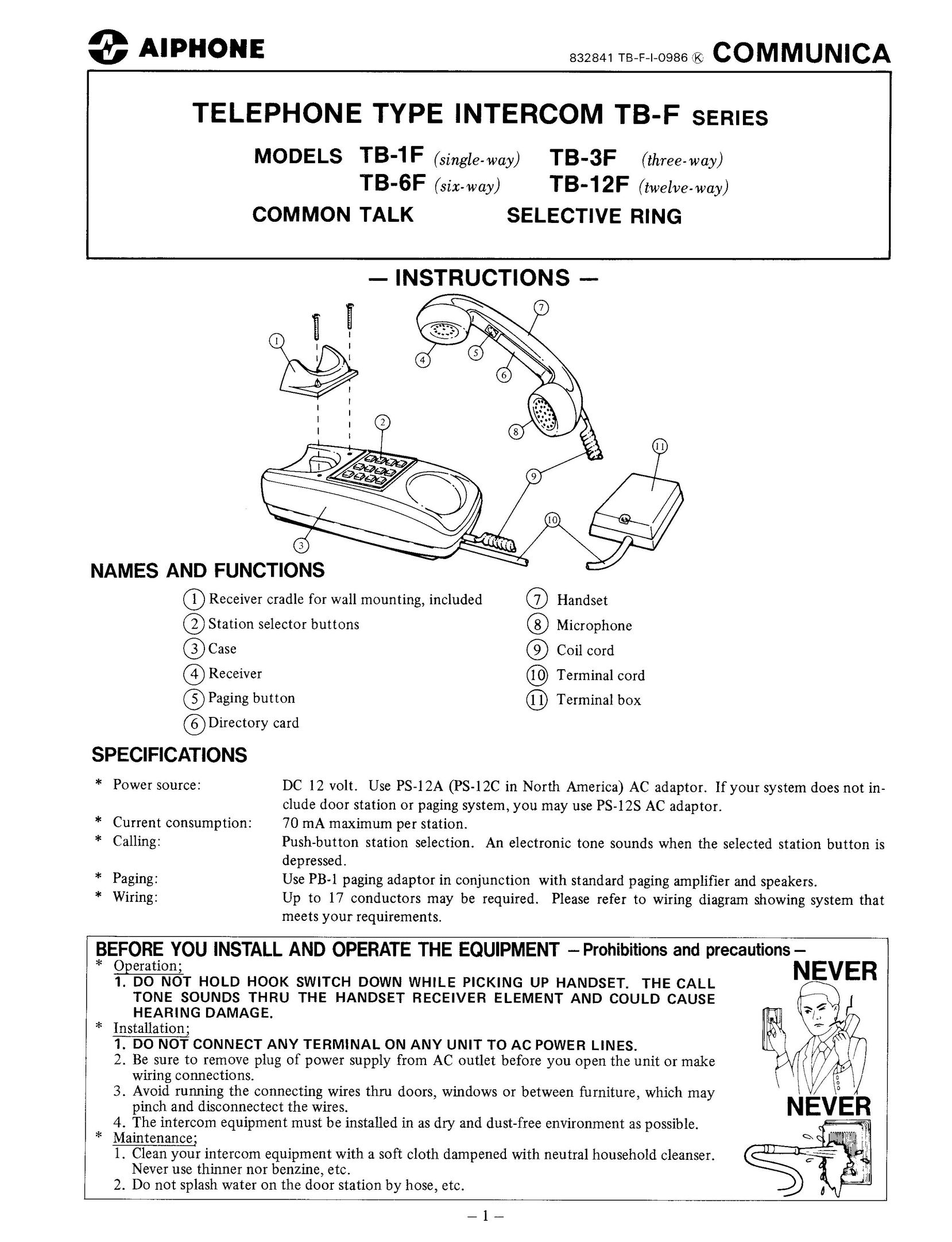 Aiphone TB-12F Telephone User Manual