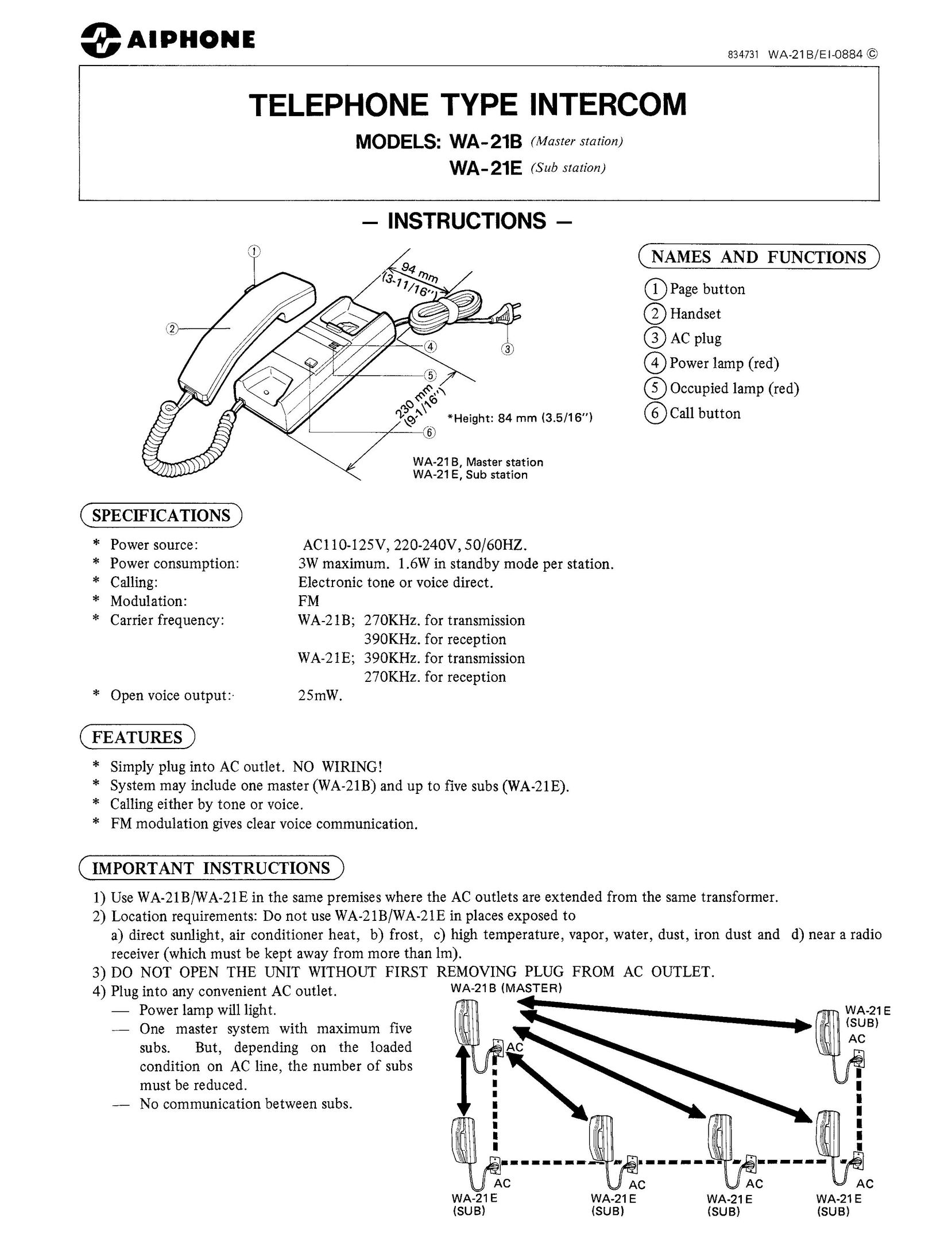 Aiphone WA-21B Telephone User Manual