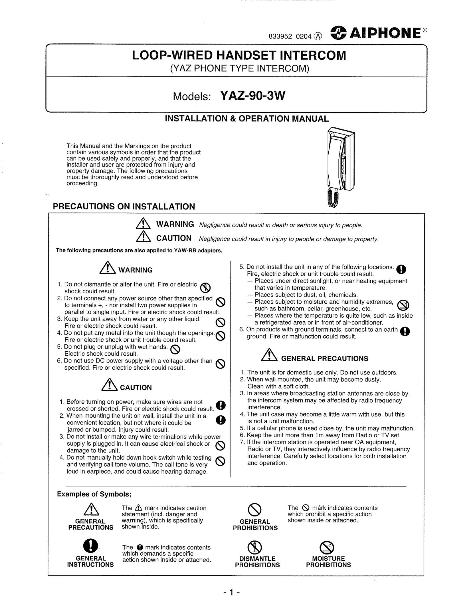 Aiphone YAZ-90-3W Telephone User Manual