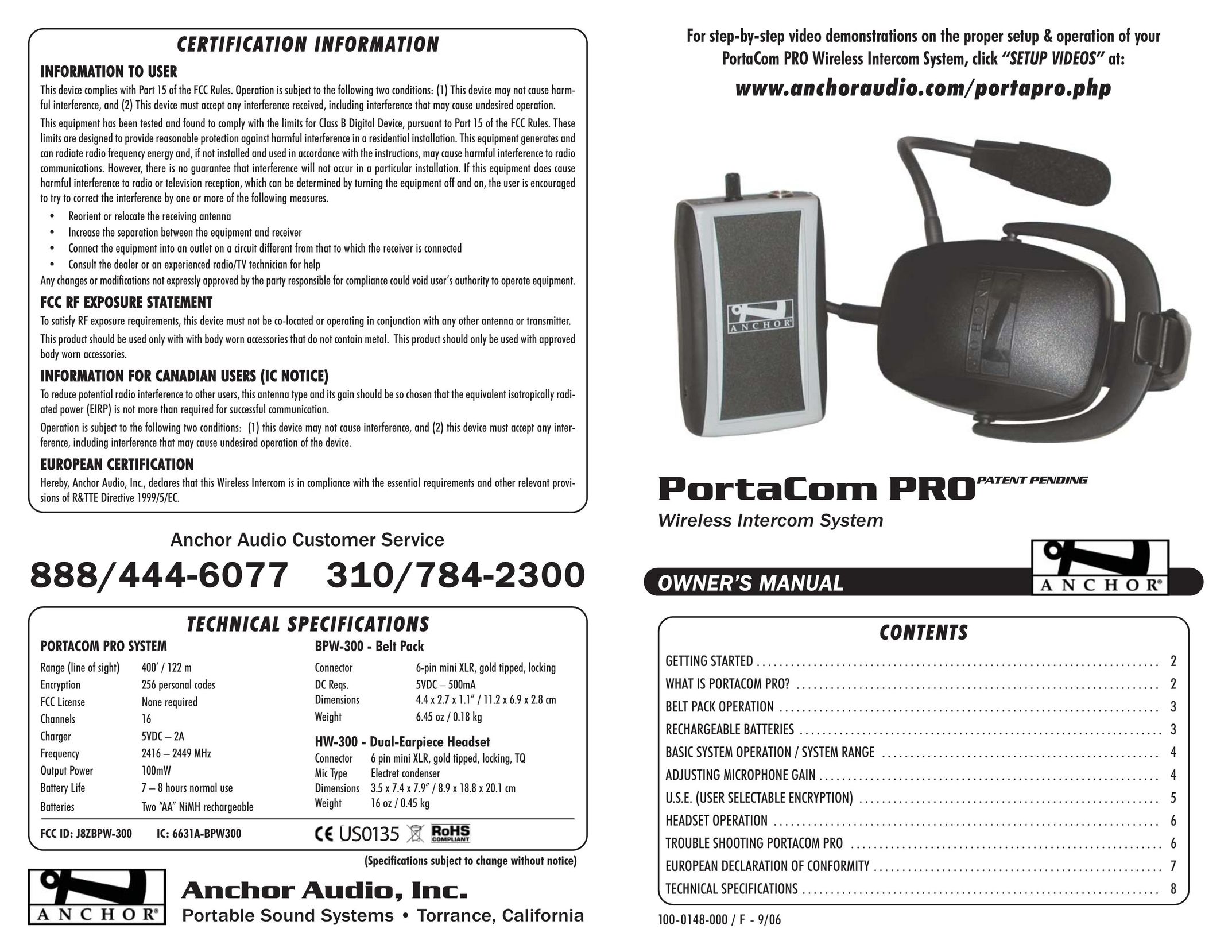 Anchor Audio BPW-300 Telephone User Manual