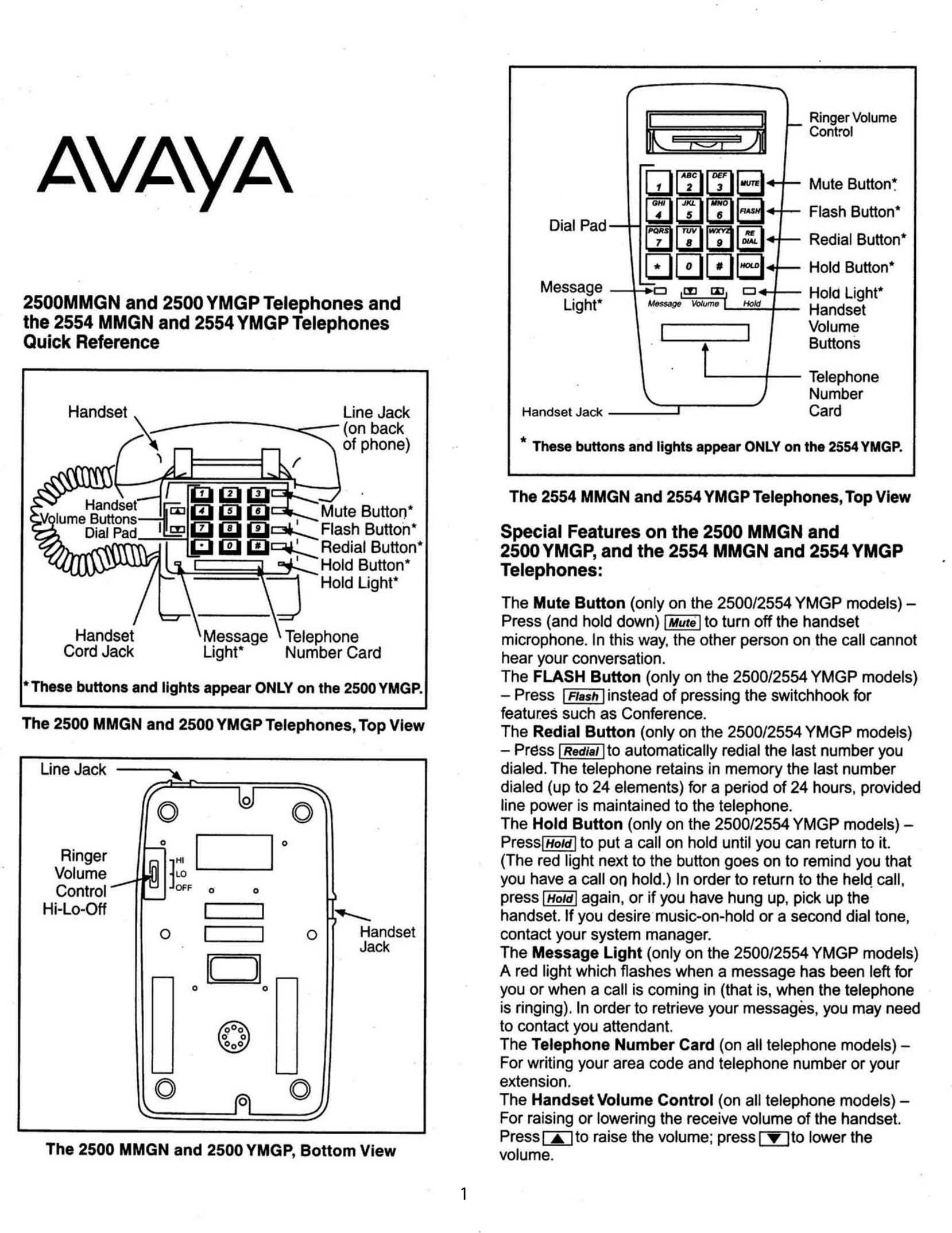 Avaya 2554 YMGP Telephone User Manual