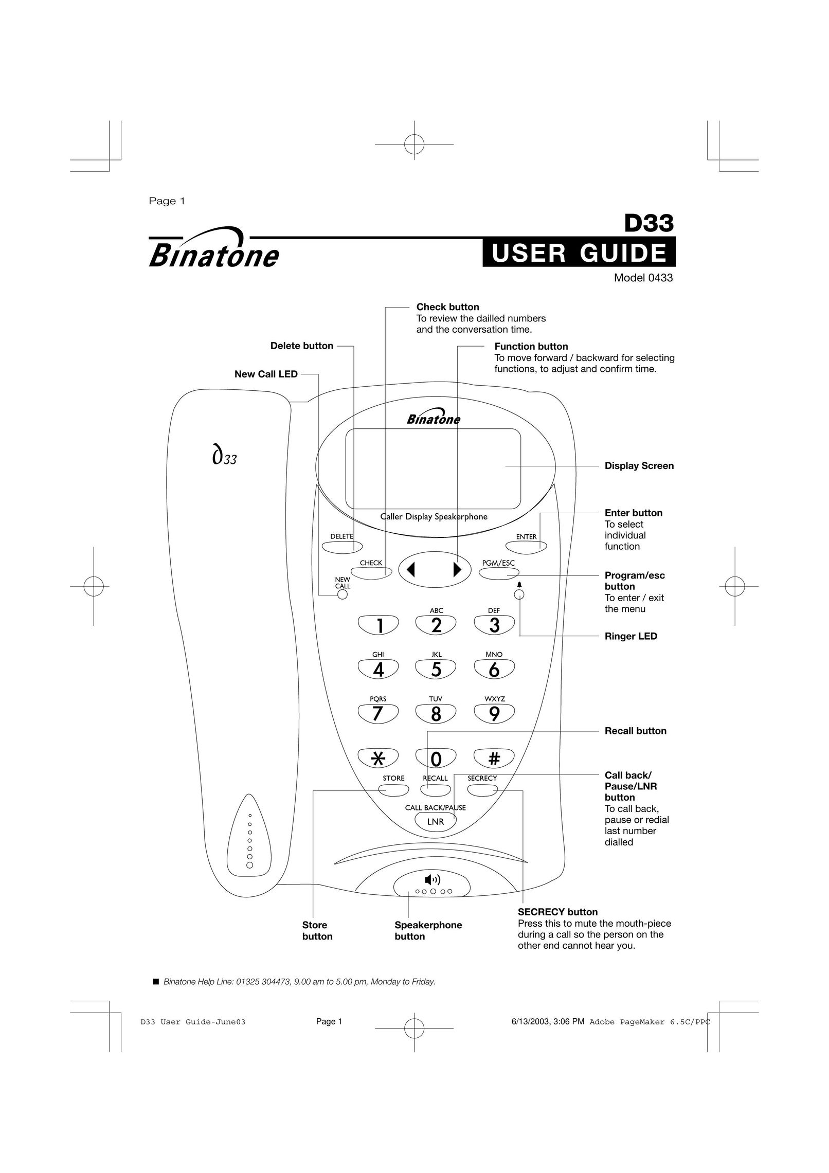 Binatone 0433 Telephone User Manual