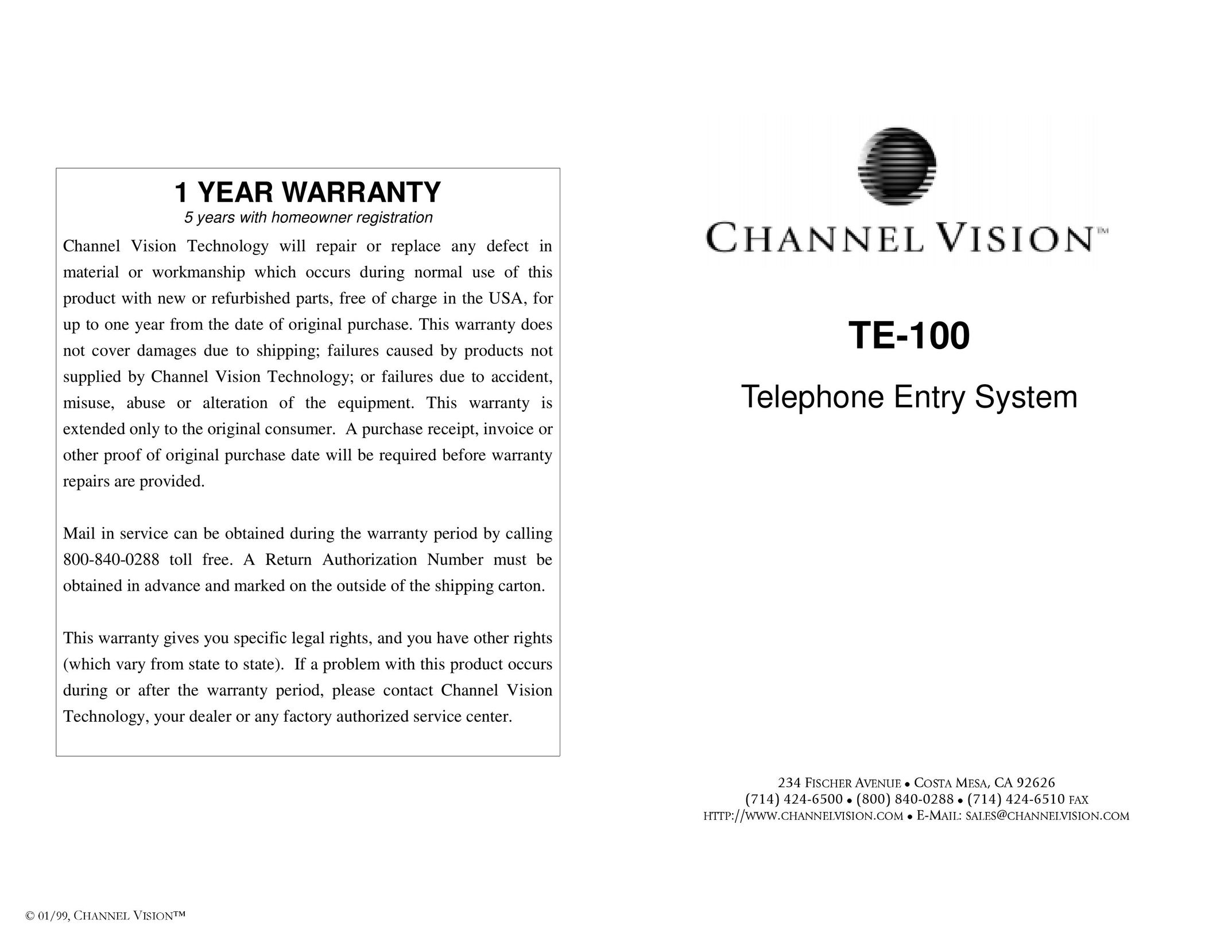 Channel Vision TE-100 Telephone User Manual