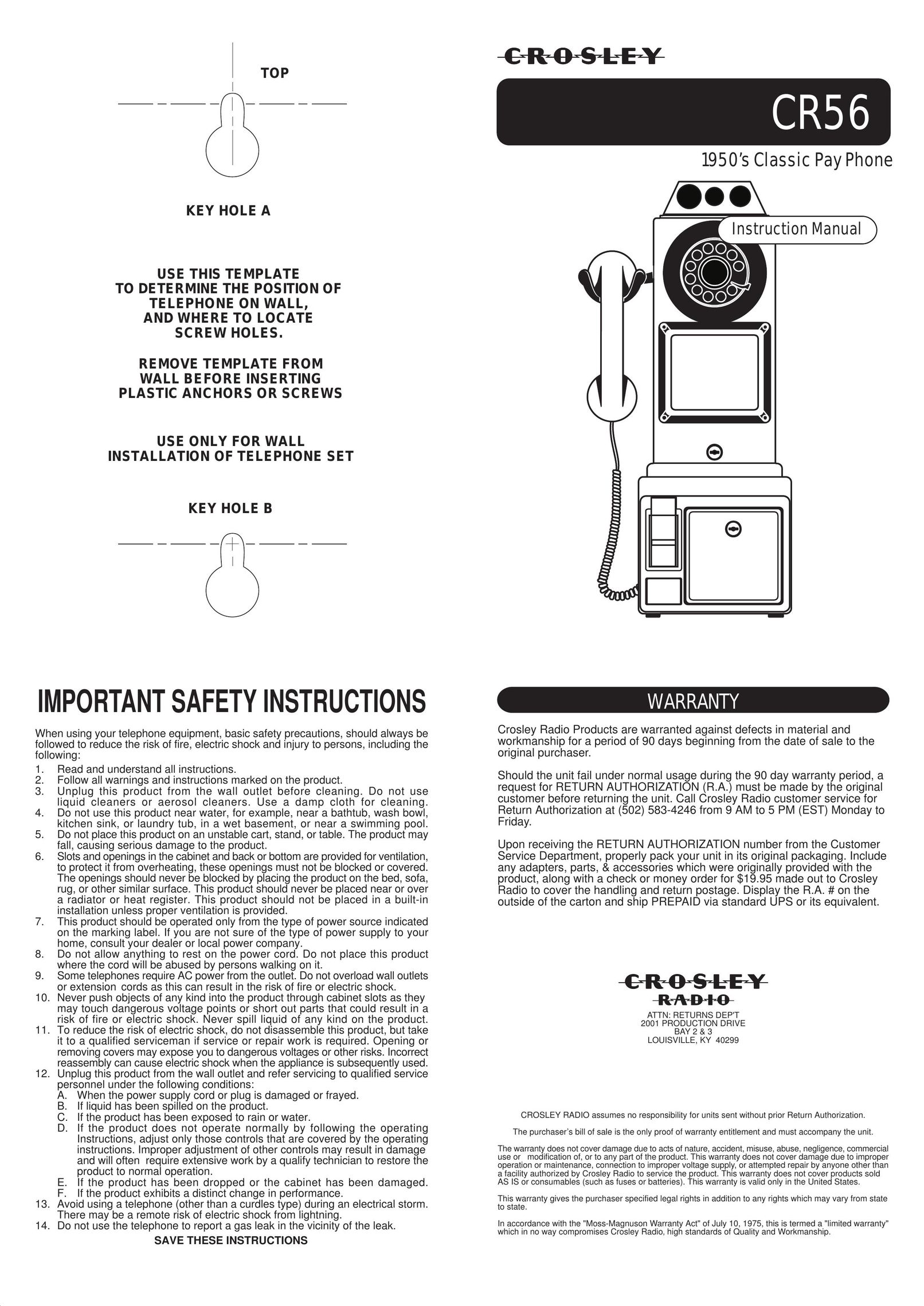 Crosley CR56 1950's Payphone Telephone User Manual