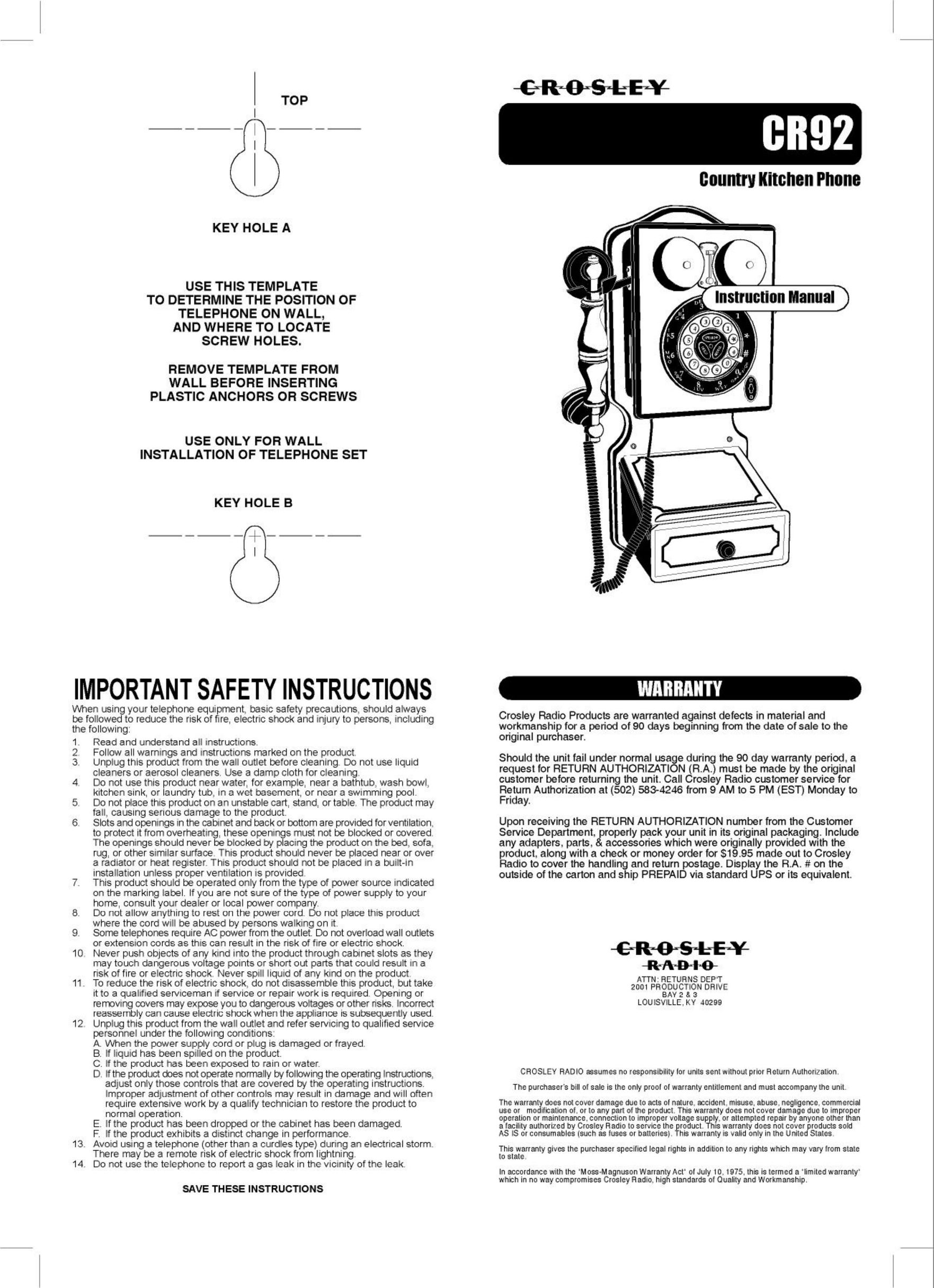 Crosley Radio CR92 Telephone User Manual