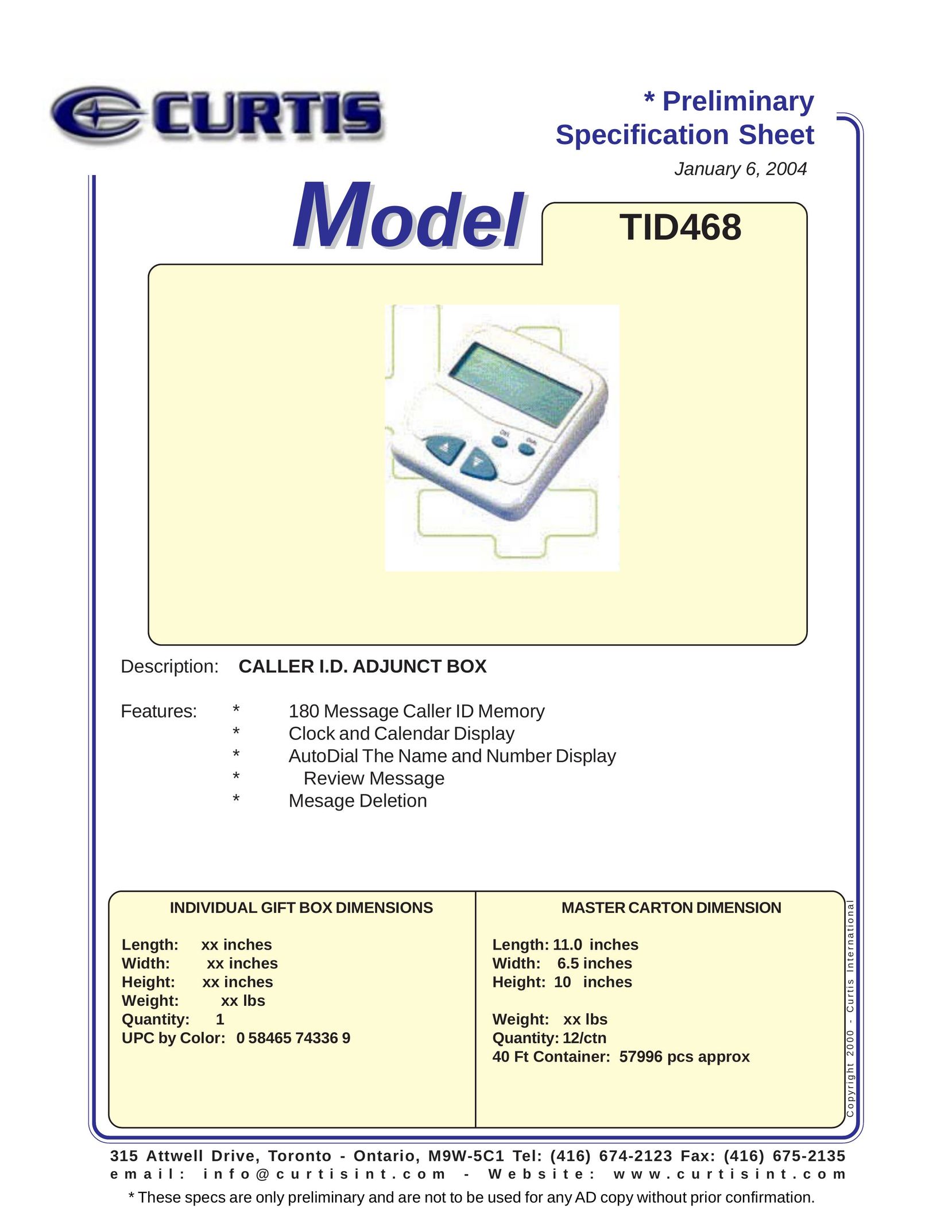 Curtis TID468 Telephone User Manual