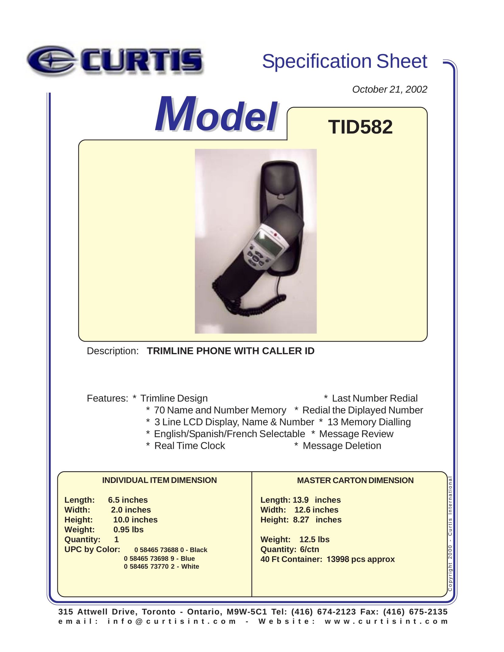 Curtis TID582 Telephone User Manual