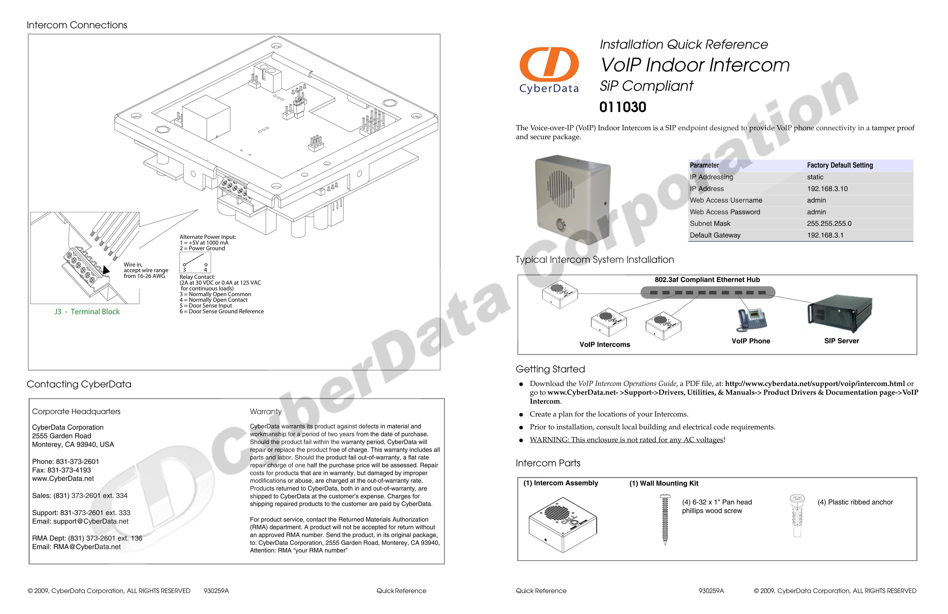 CyberData 011030 Telephone User Manual
