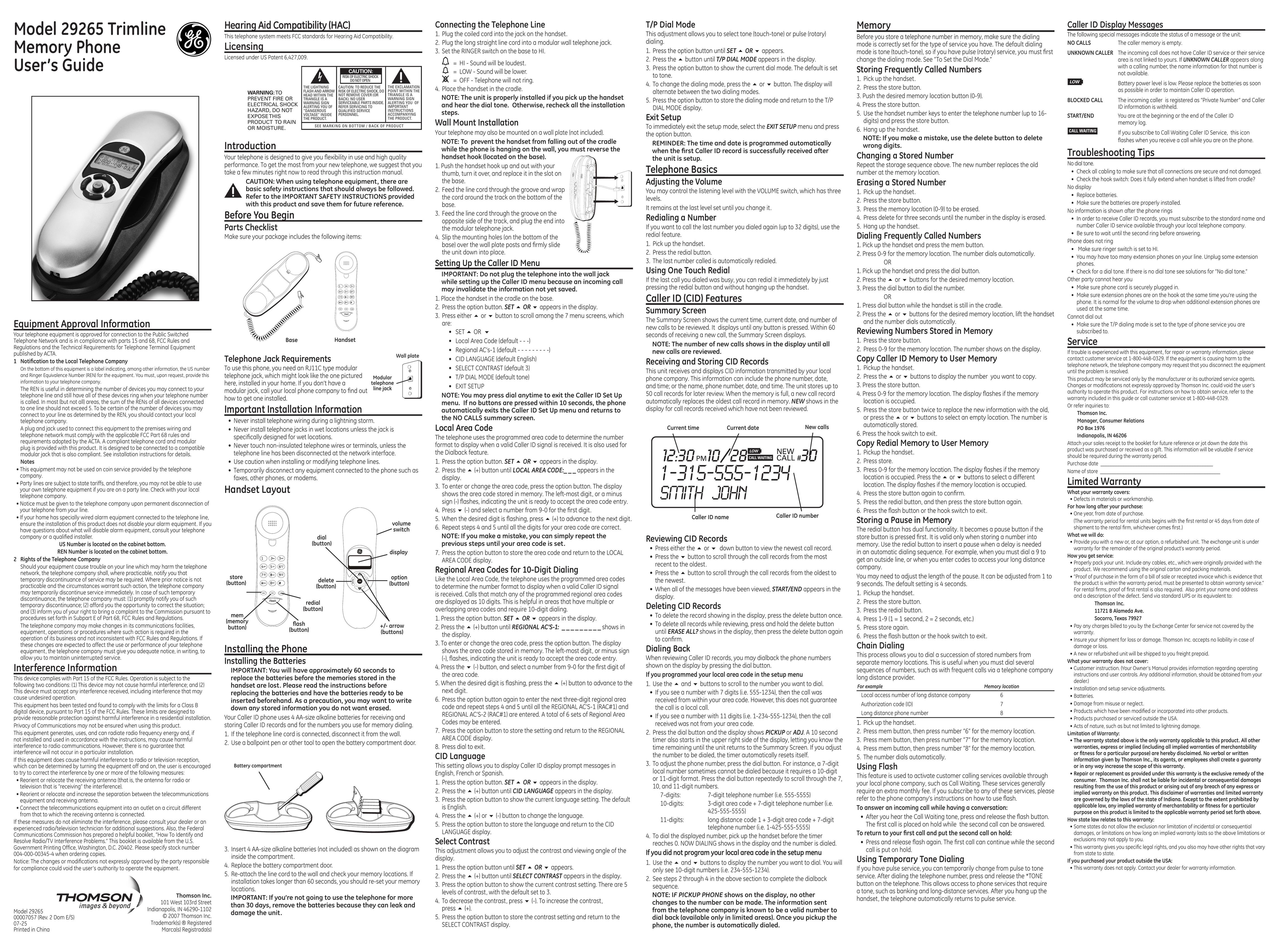 GE 00007057 Telephone User Manual