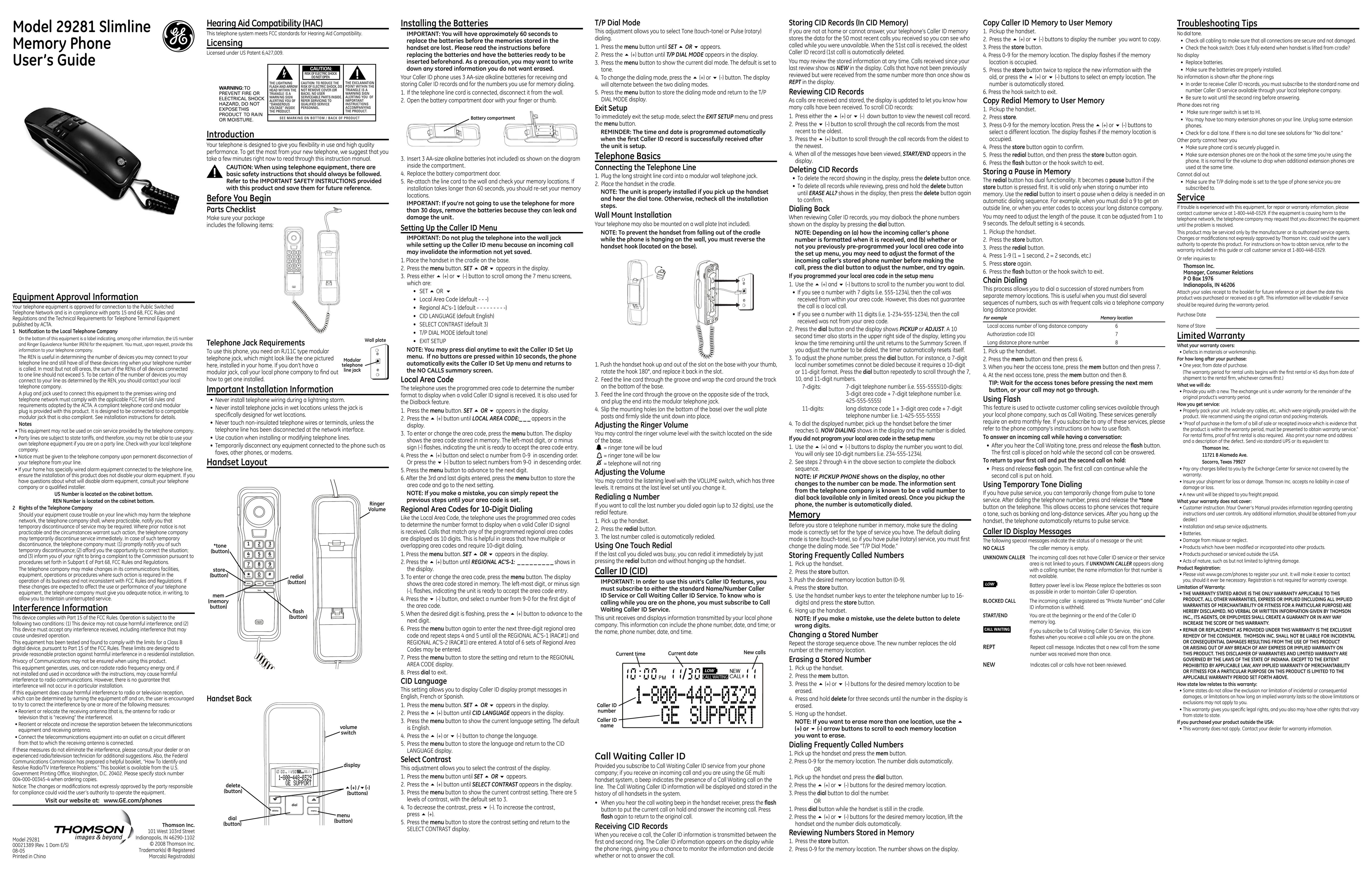 GE 00021389 Telephone User Manual