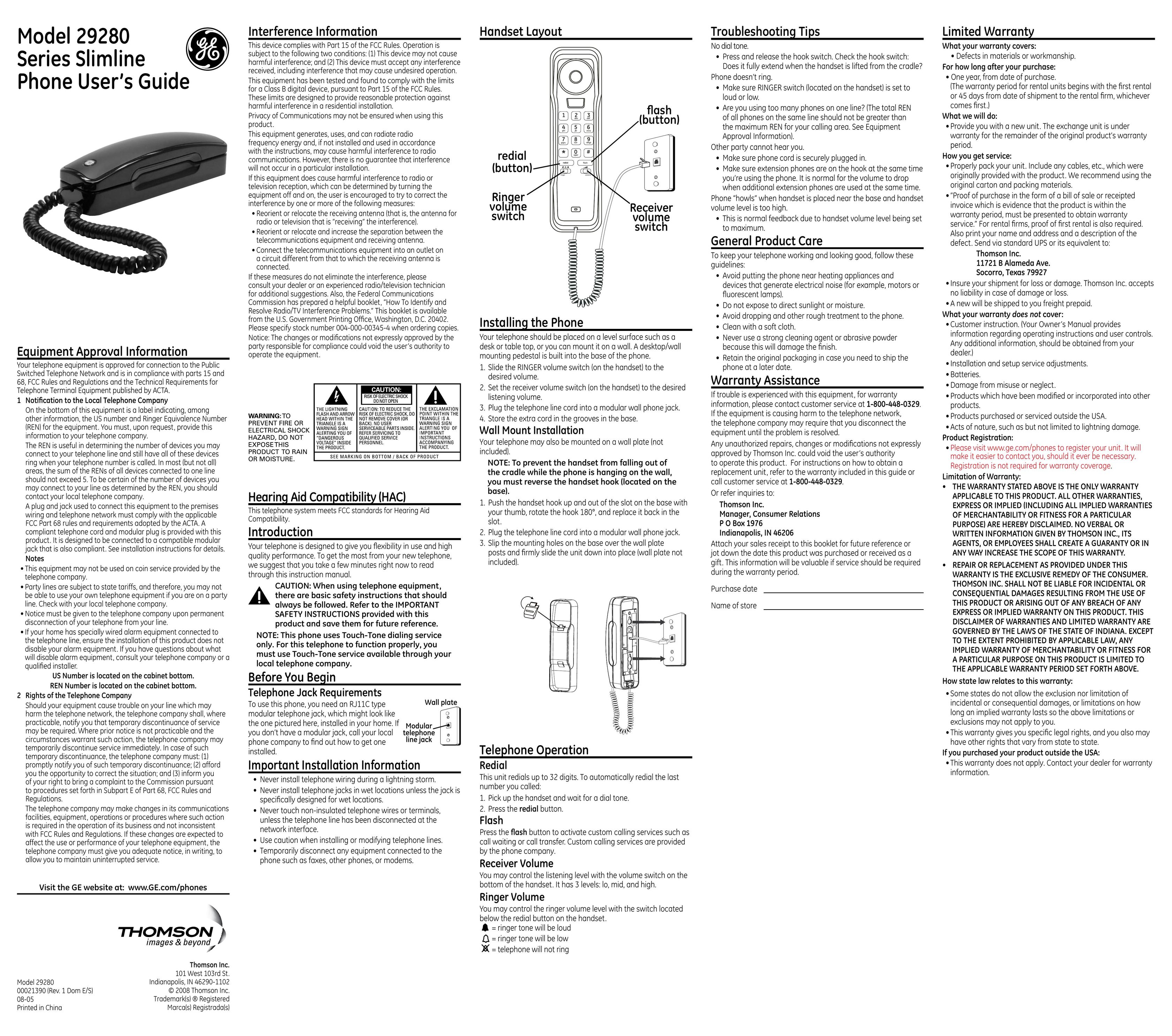 GE 00021390 Telephone User Manual