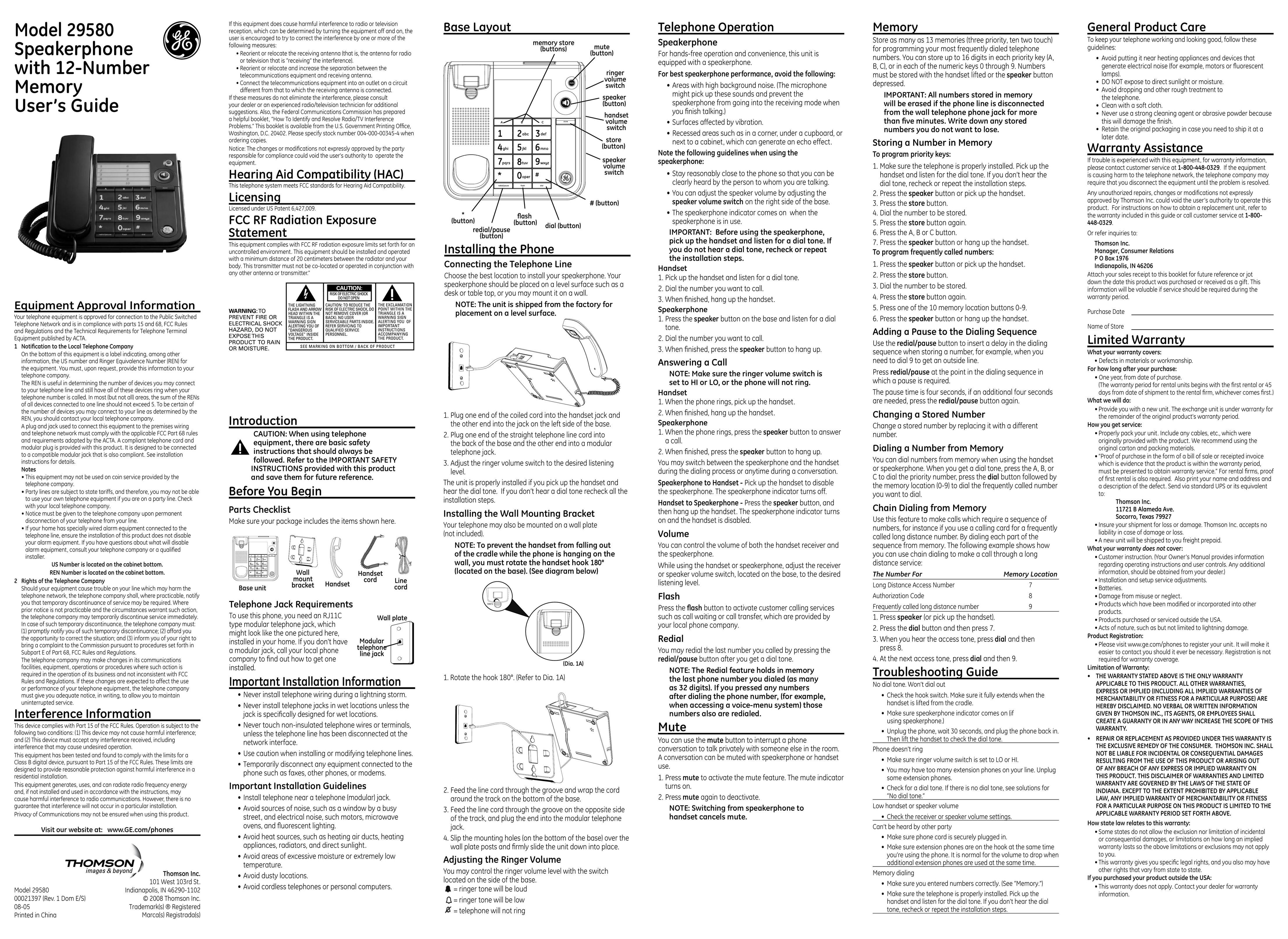 GE 00021397 Telephone User Manual