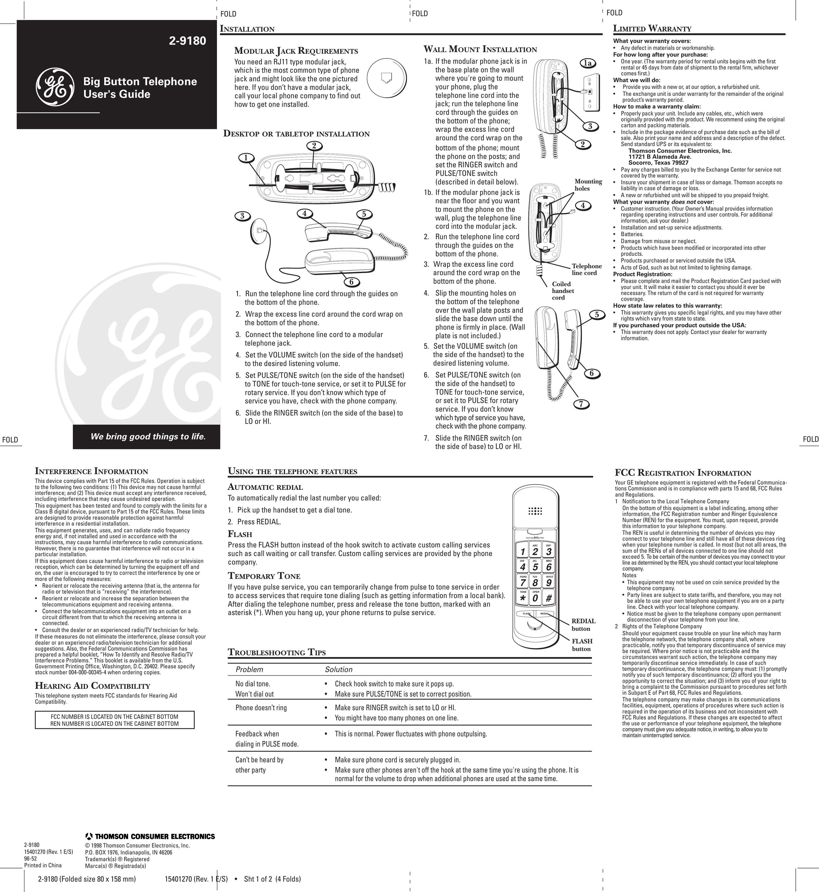 GE 15401270 Telephone User Manual