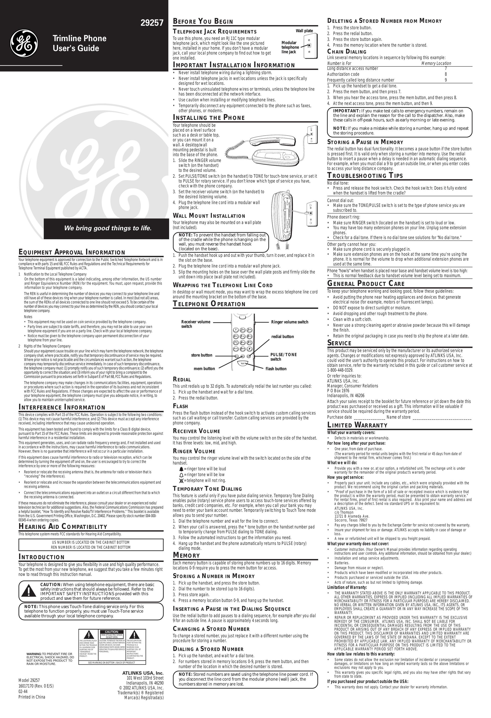 GE 16017170 Telephone User Manual