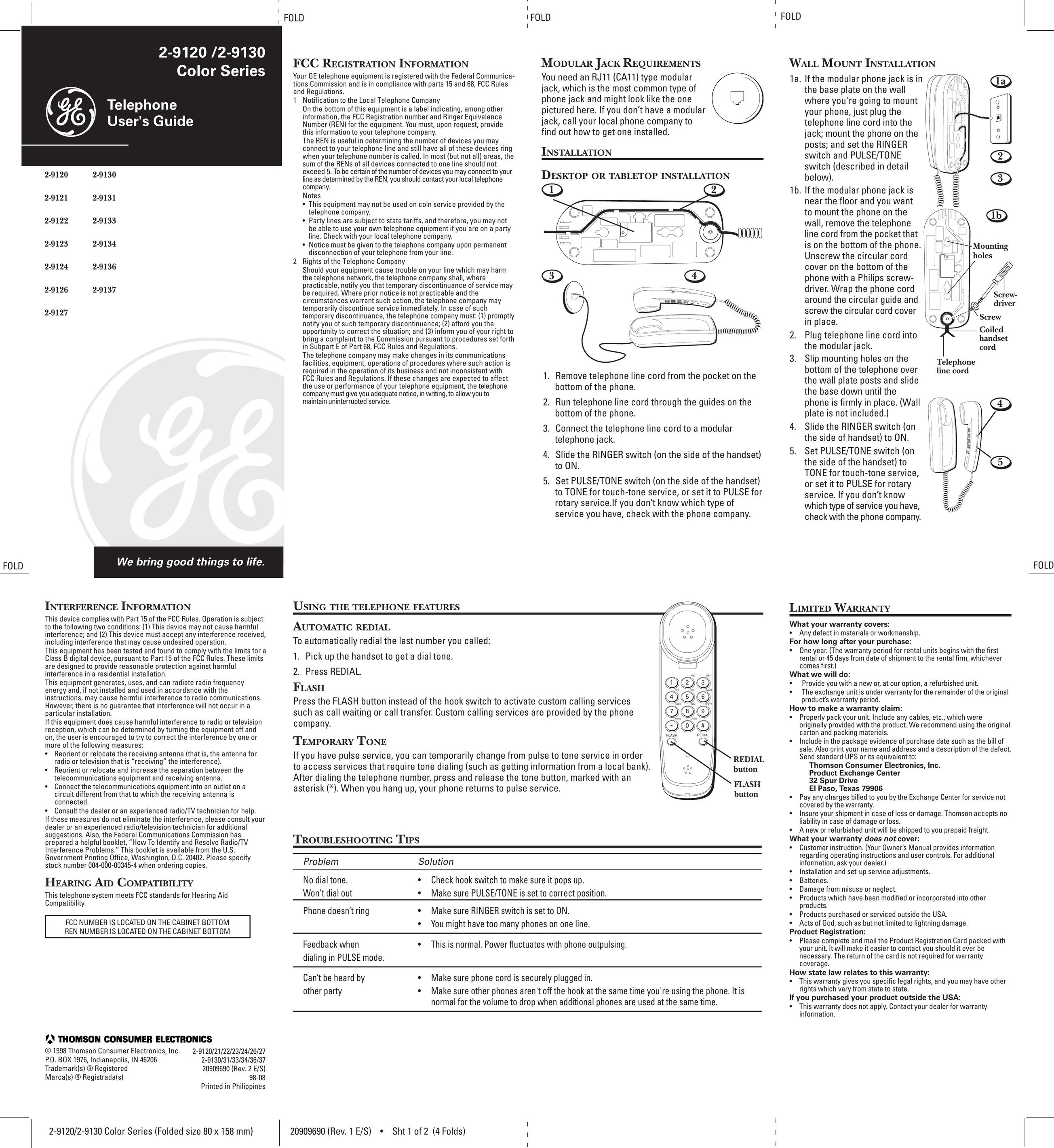 GE 2-9122 Telephone User Manual