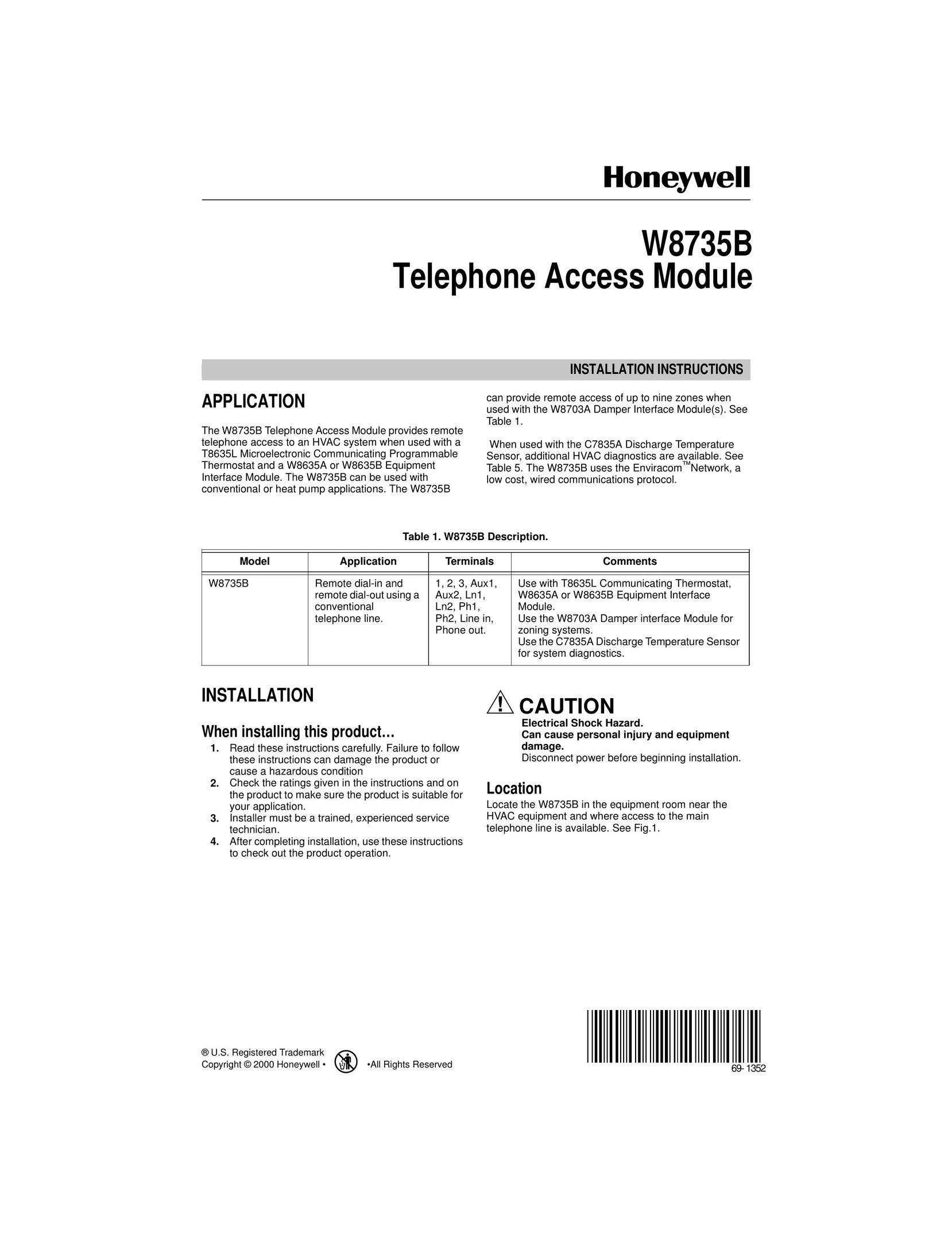 Honeywell W8735B Telephone User Manual