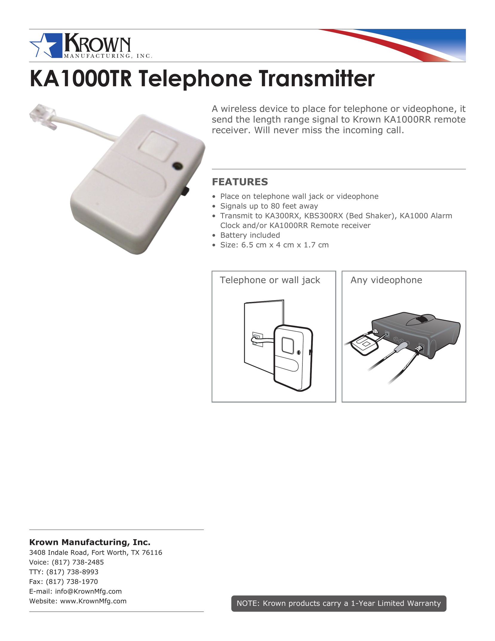 Krown Manufacturing KA1000TR Telephone User Manual
