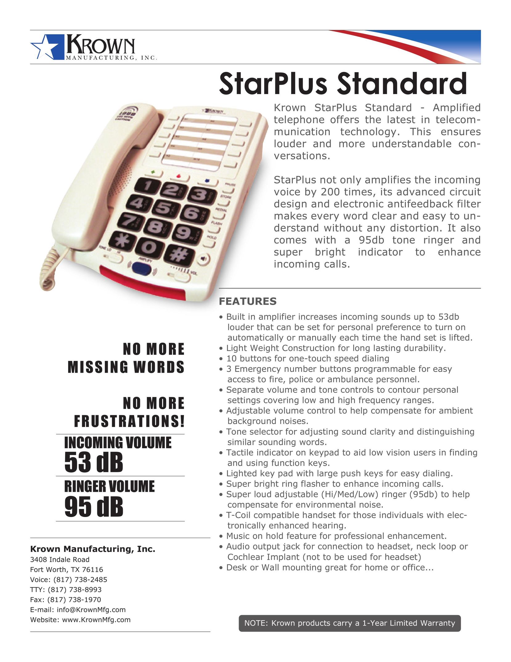 Krown Manufacturing StarPlus Standard Telephone User Manual