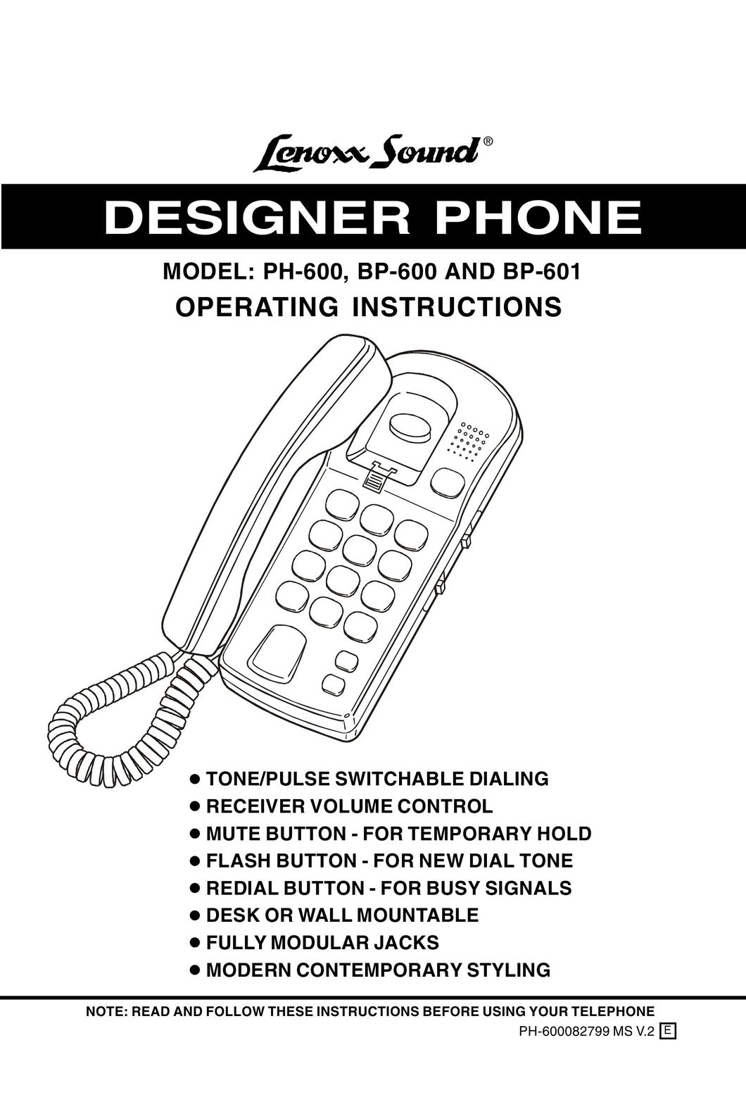 Lenoxx Electronics BP-600 Telephone User Manual