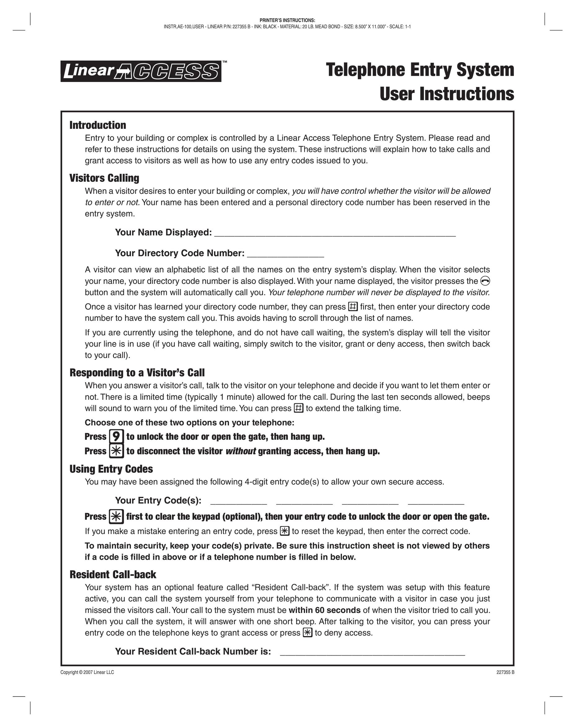 Linear 227355 B Telephone User Manual