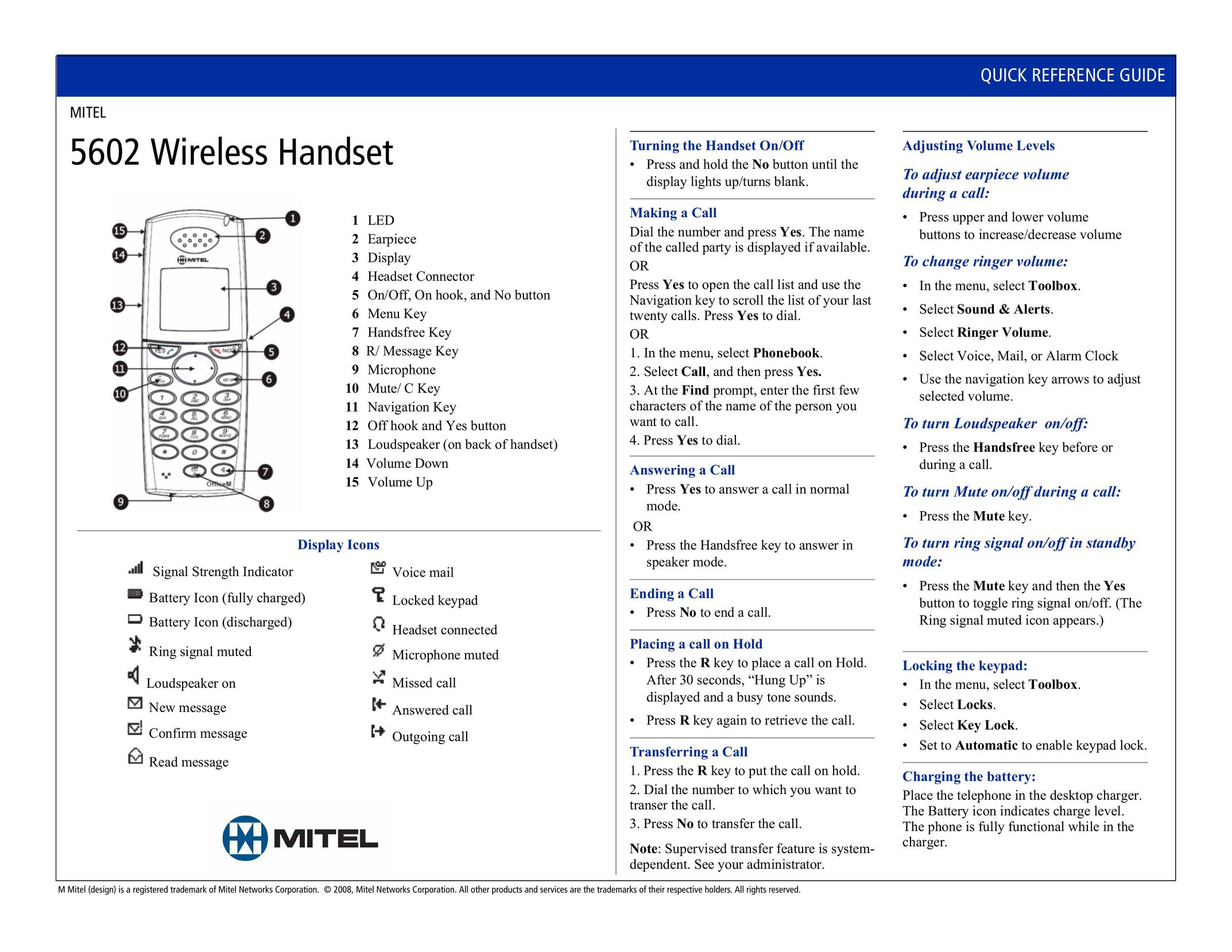 Mitel 5602 Telephone User Manual