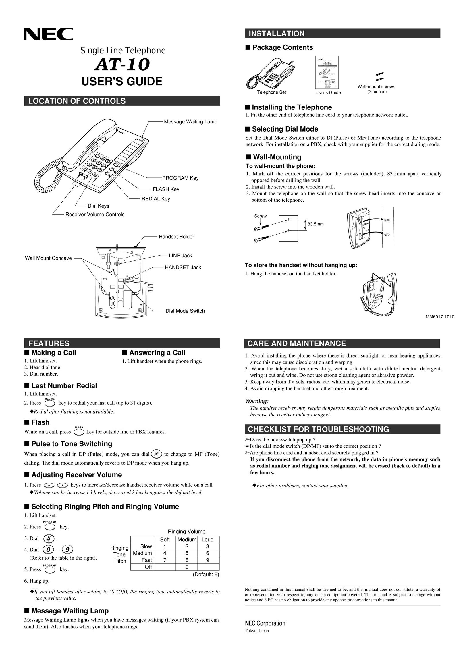 NEC AT-10 Telephone User Manual