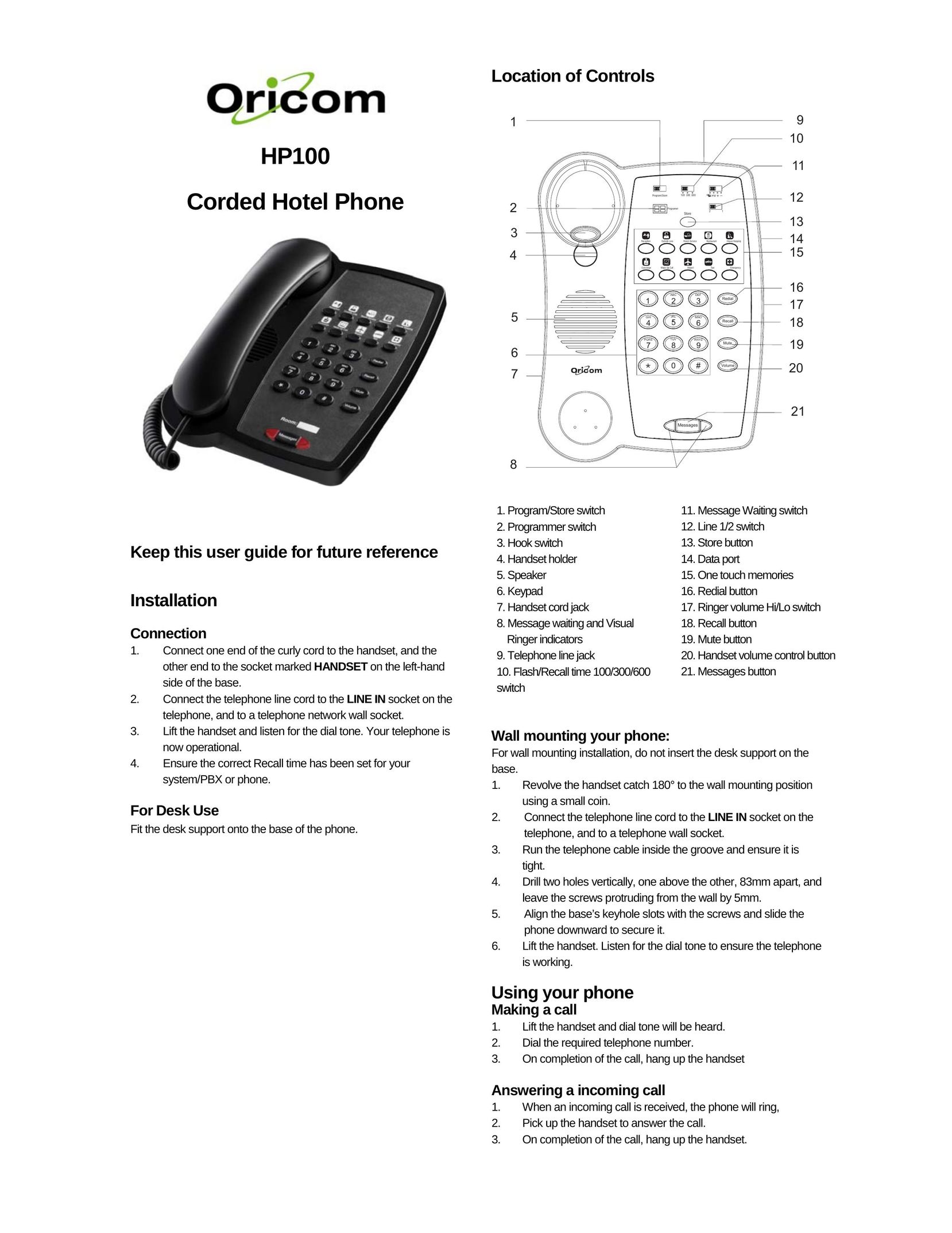Oricom HP100 Telephone User Manual