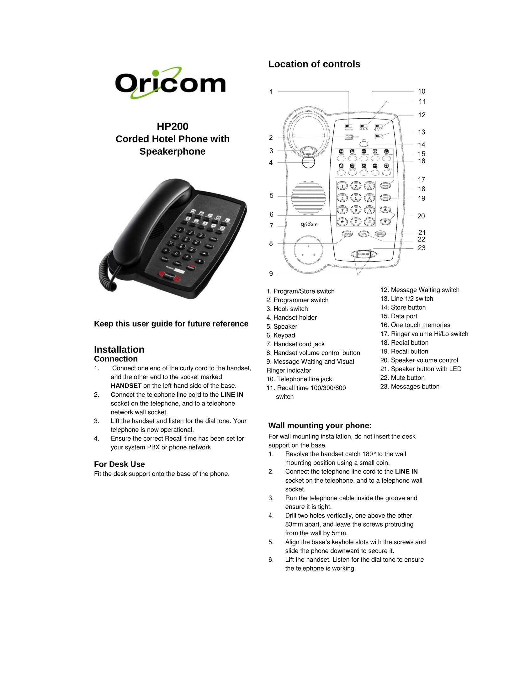 Oricom HP200 Telephone User Manual