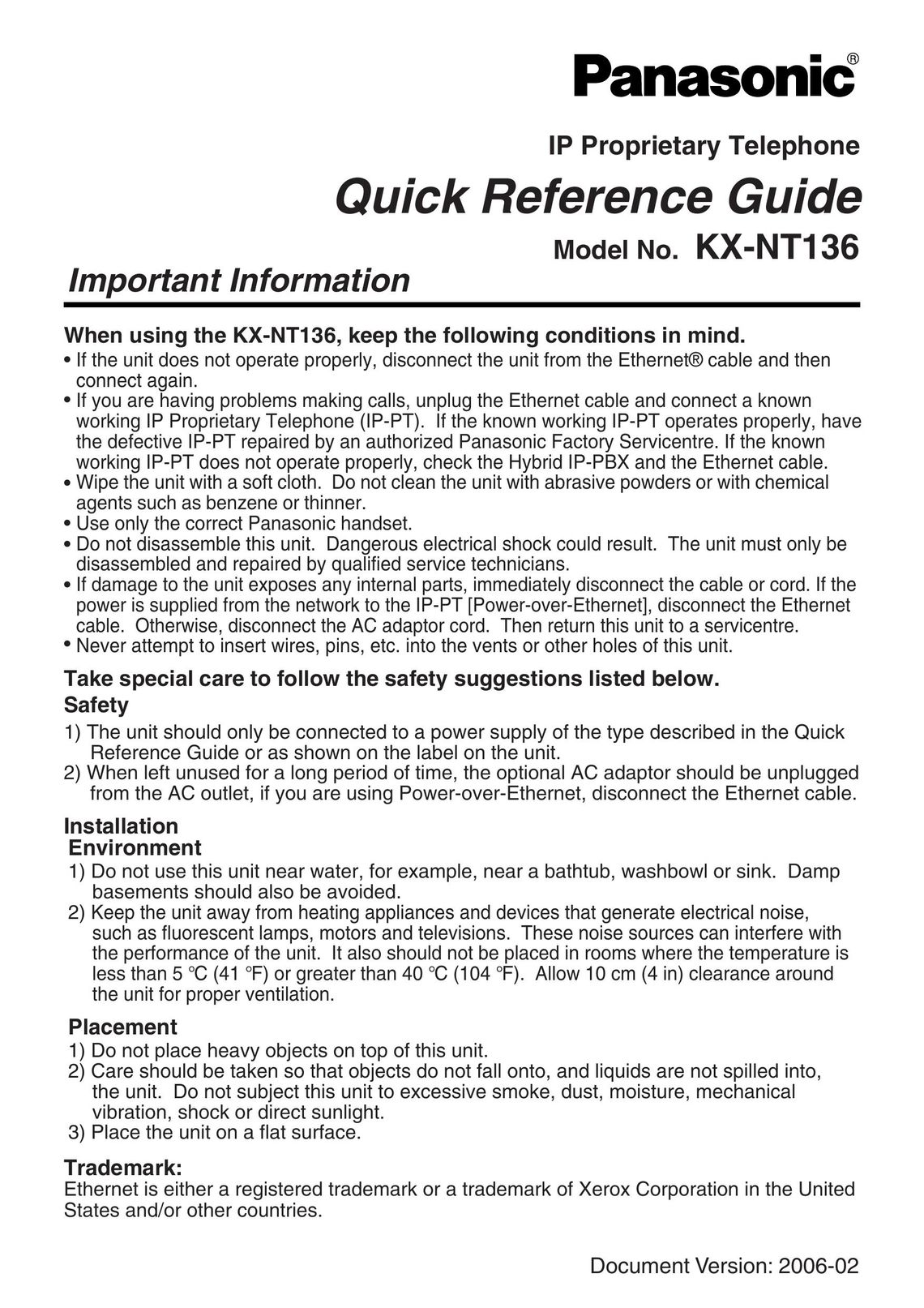 Panasonic KX-NT136 Telephone User Manual