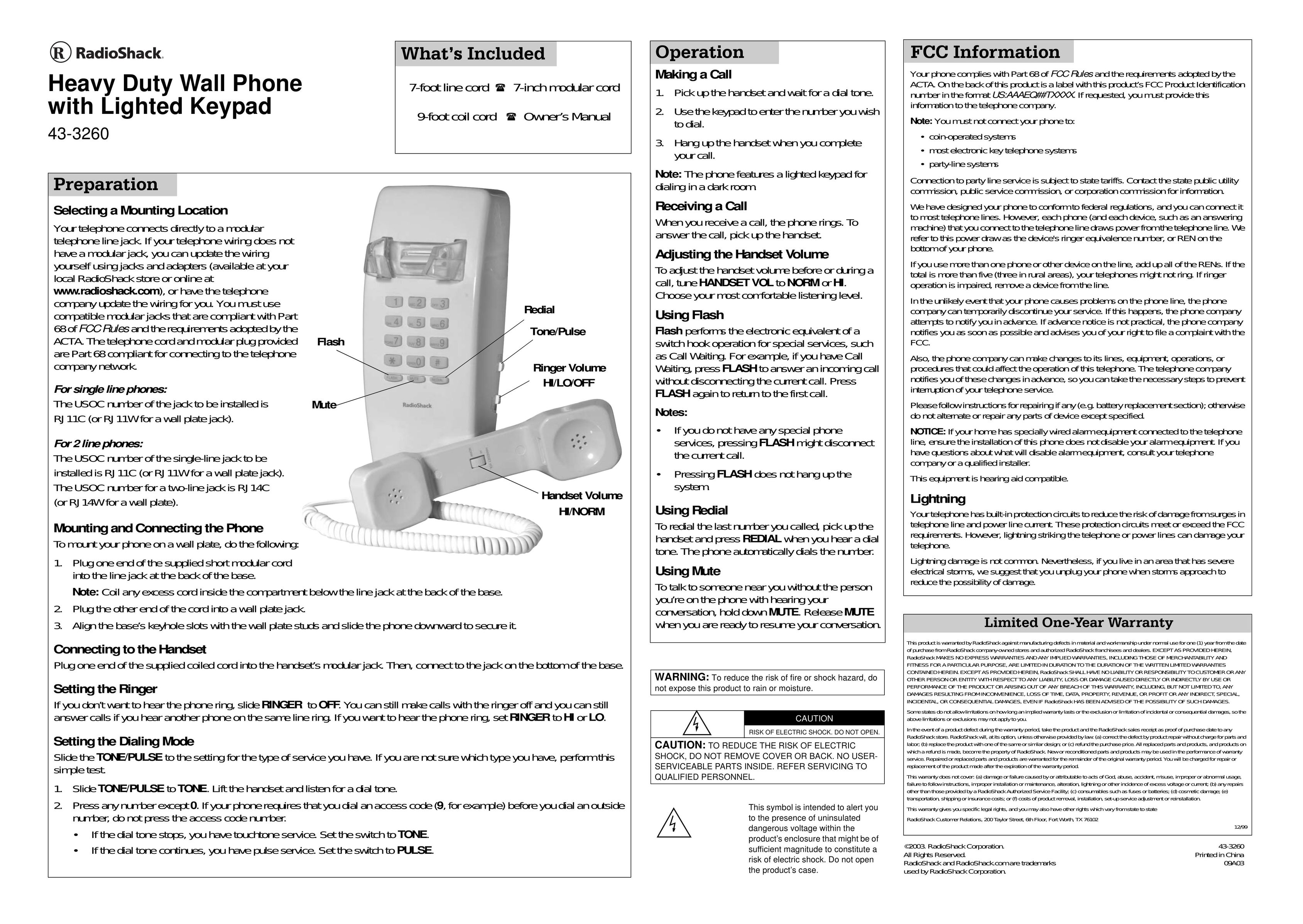 Radio Shack 43-3260 Telephone User Manual