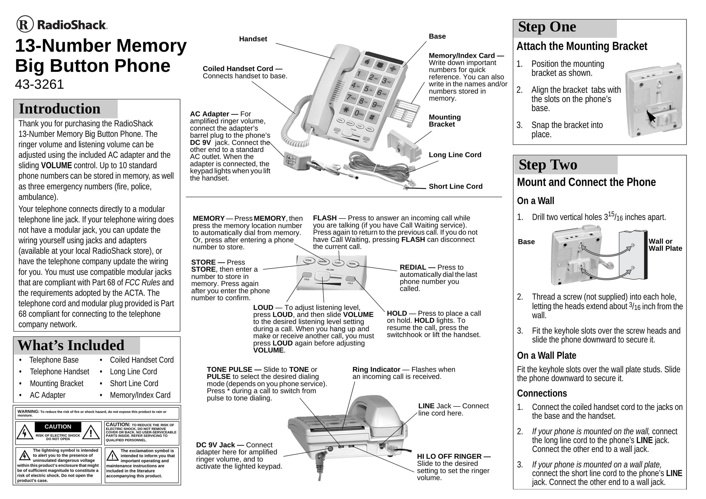 Radio Shack 43-3261 Telephone User Manual