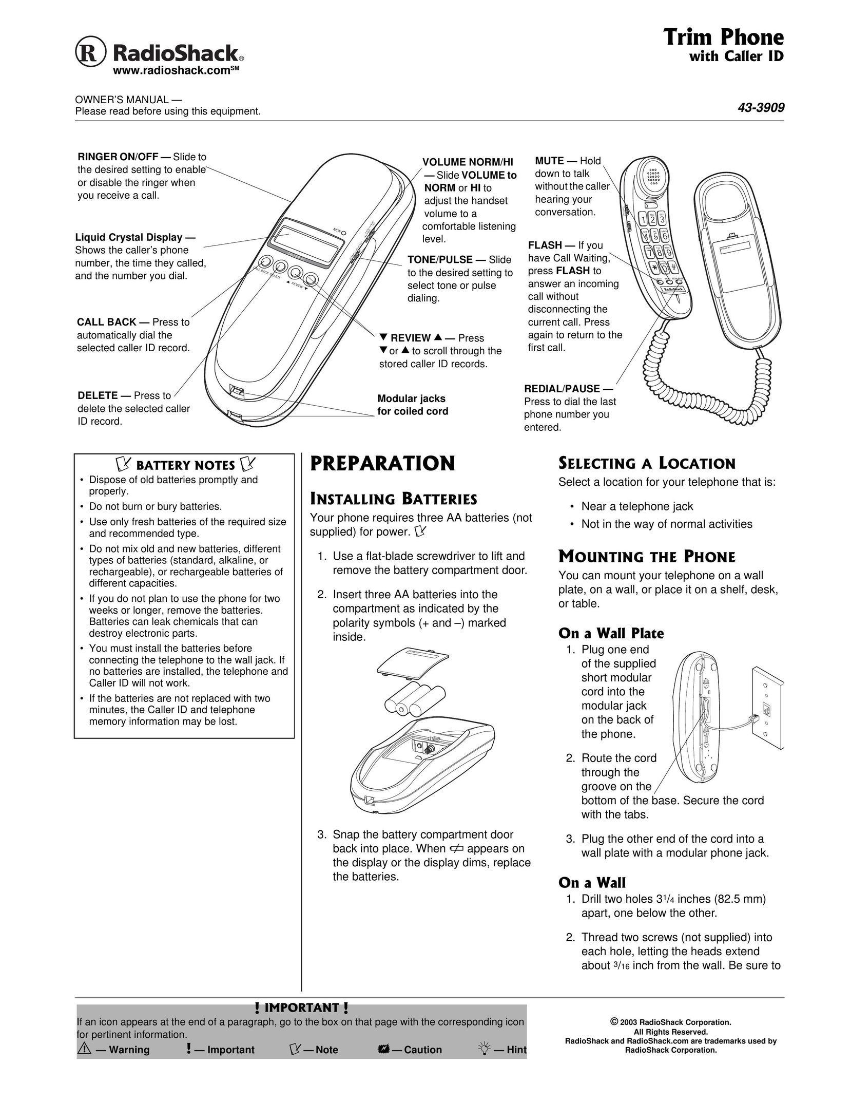 Radio Shack 43-3909 Telephone User Manual