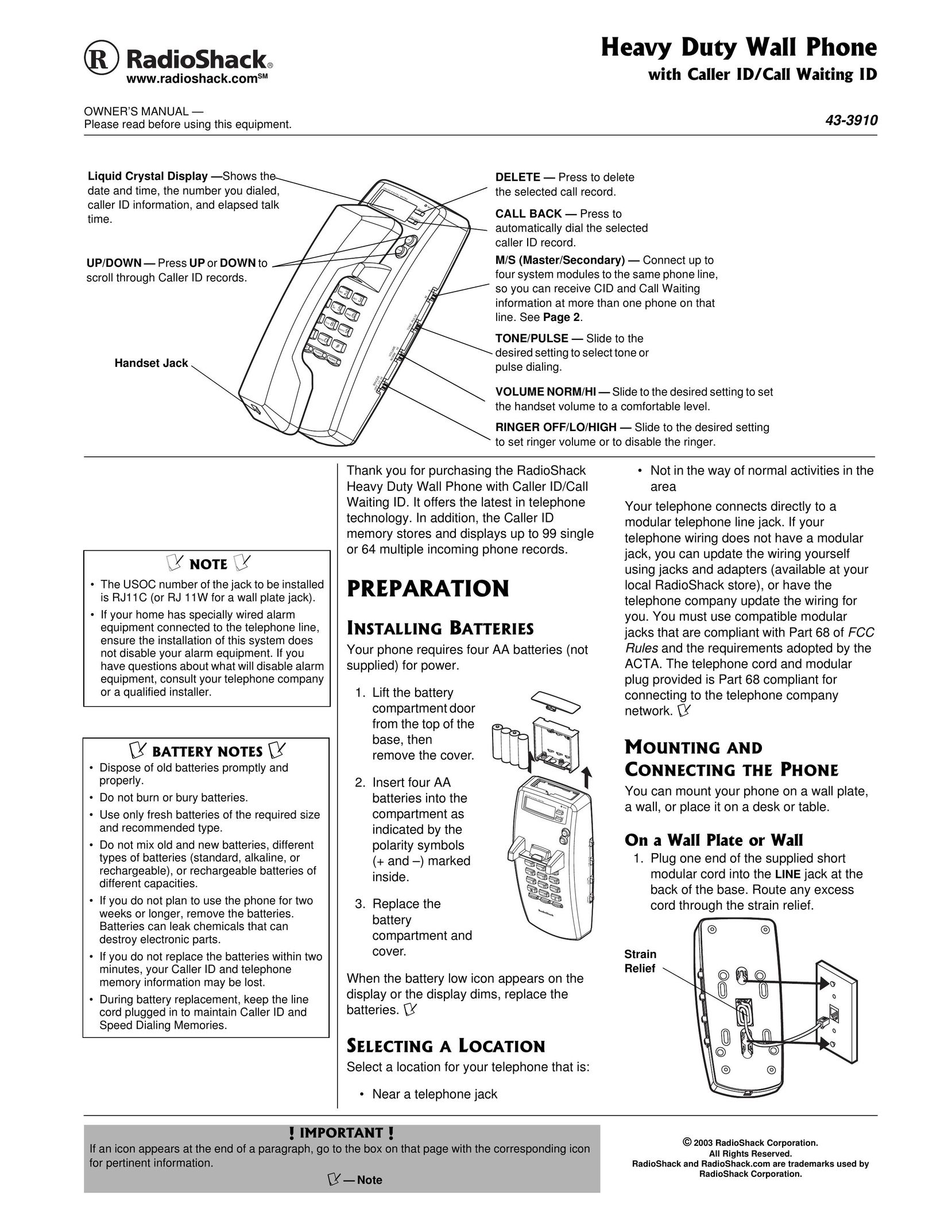Radio Shack 43-3910 Telephone User Manual