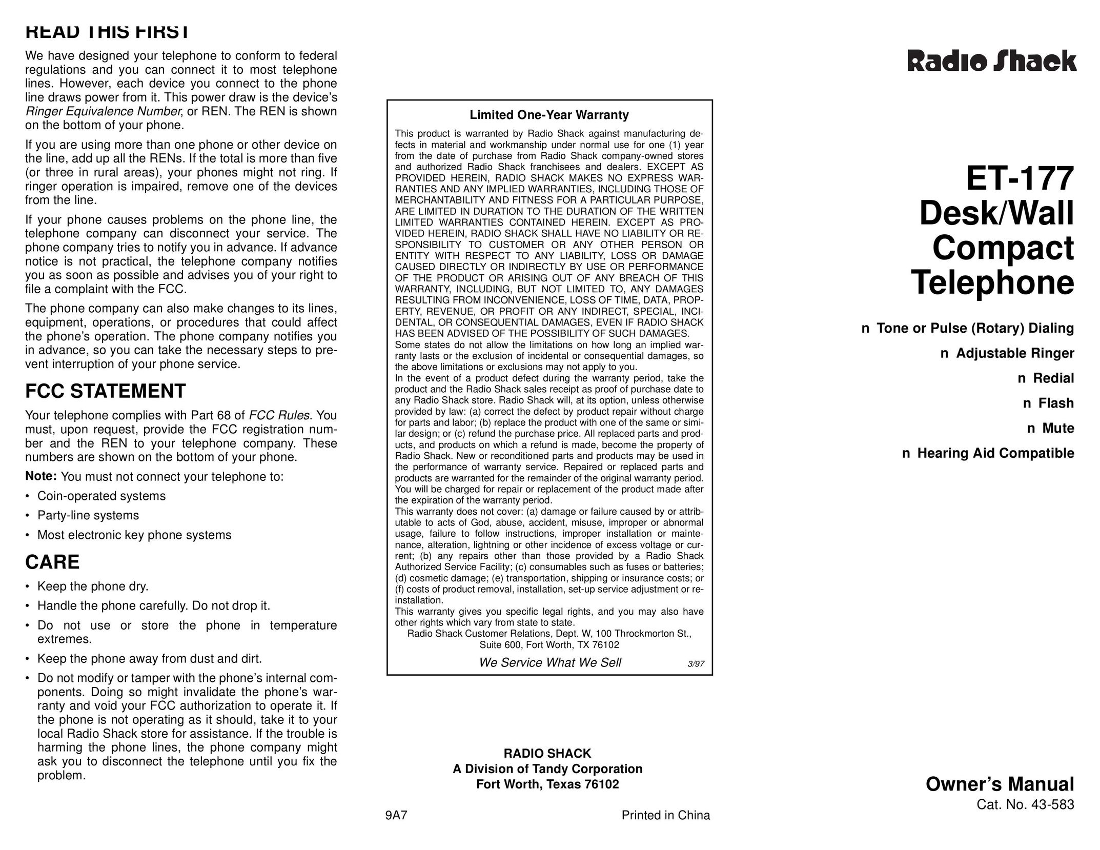 Radio Shack ET-177 Telephone User Manual