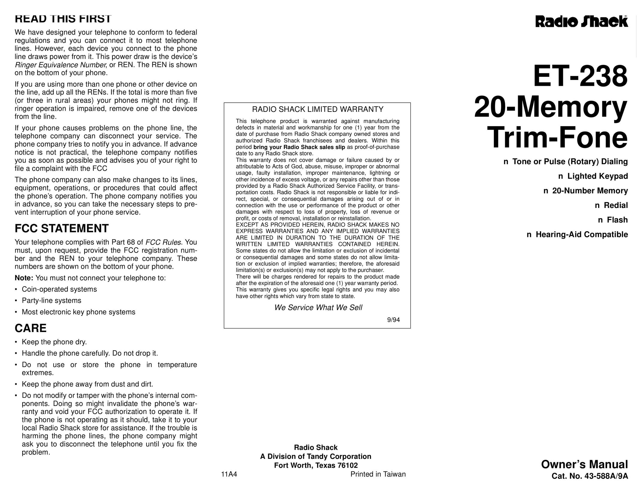Radio Shack ET-238 Telephone User Manual