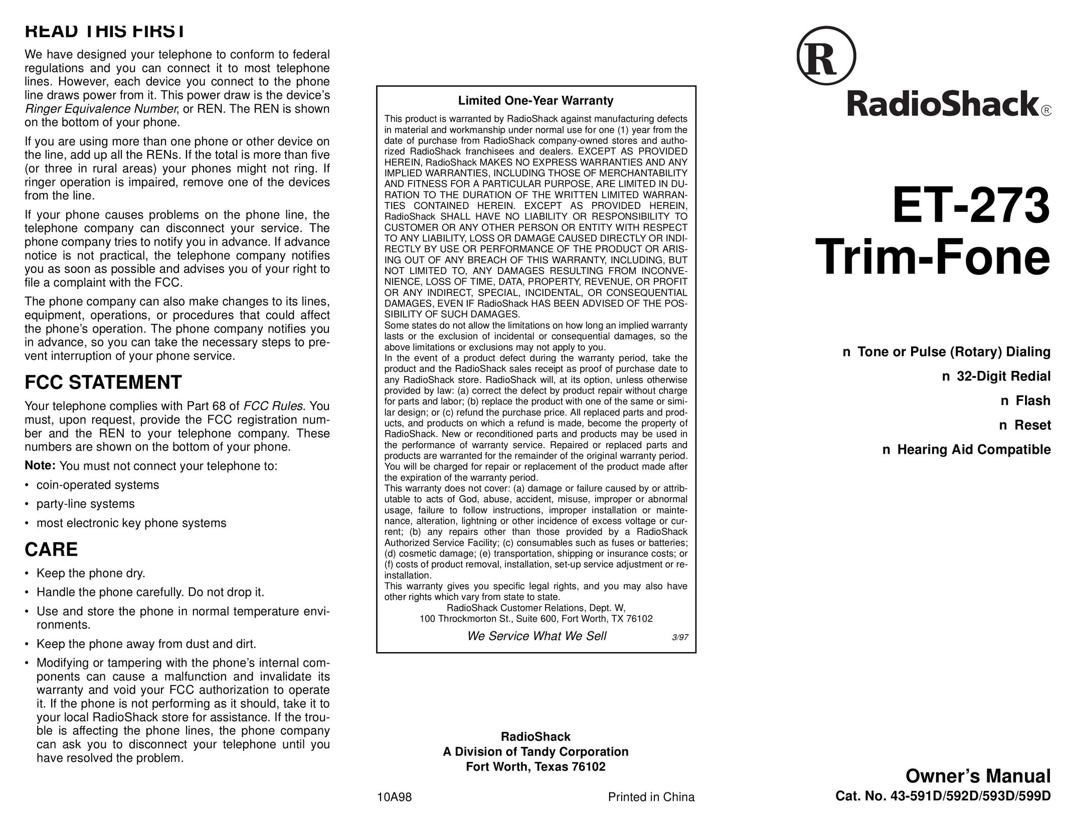Radio Shack ET-273 Telephone User Manual
