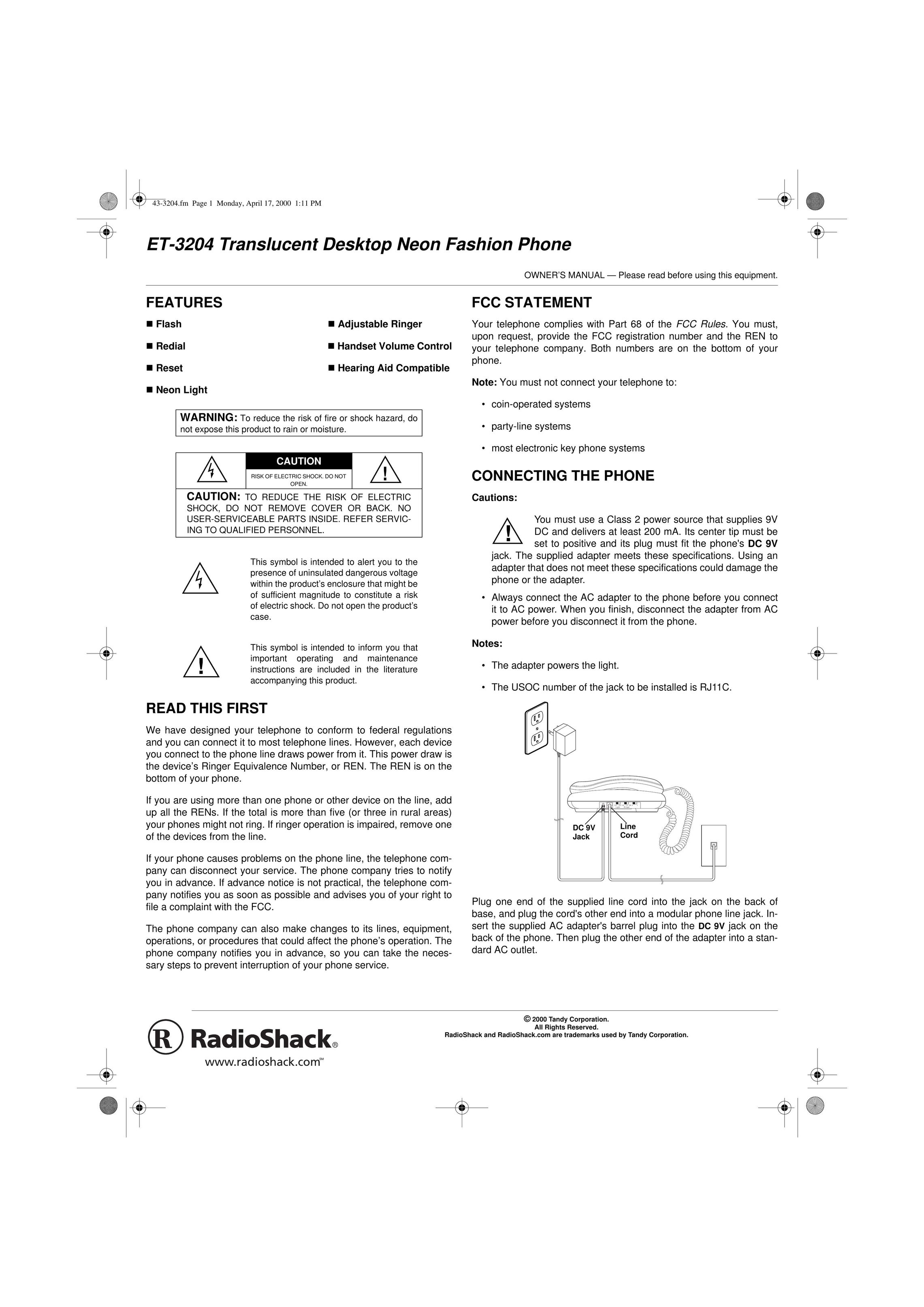 Radio Shack ET-3204 Telephone User Manual