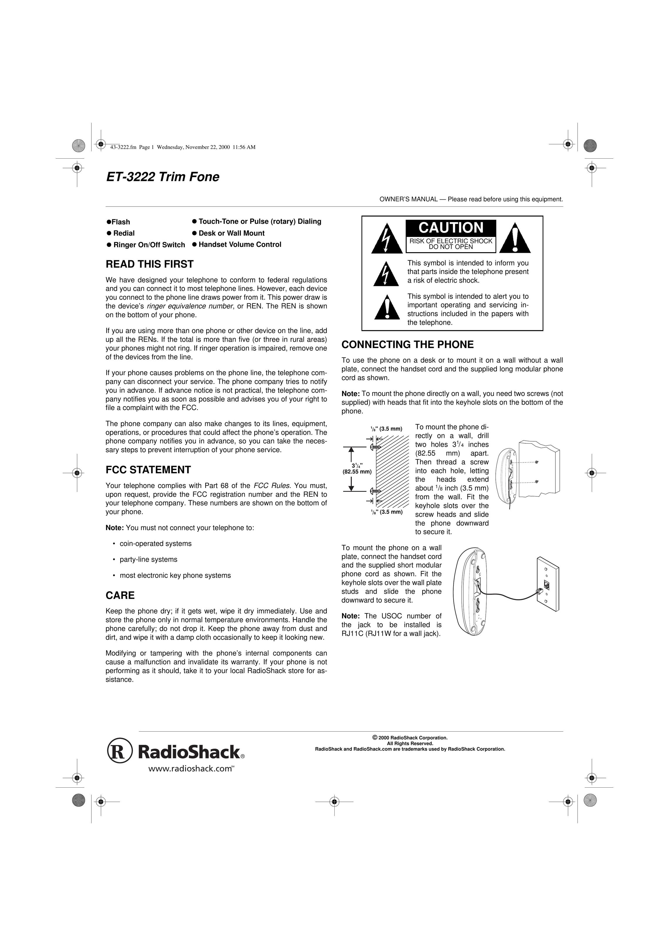 Radio Shack ET-3222 Telephone User Manual