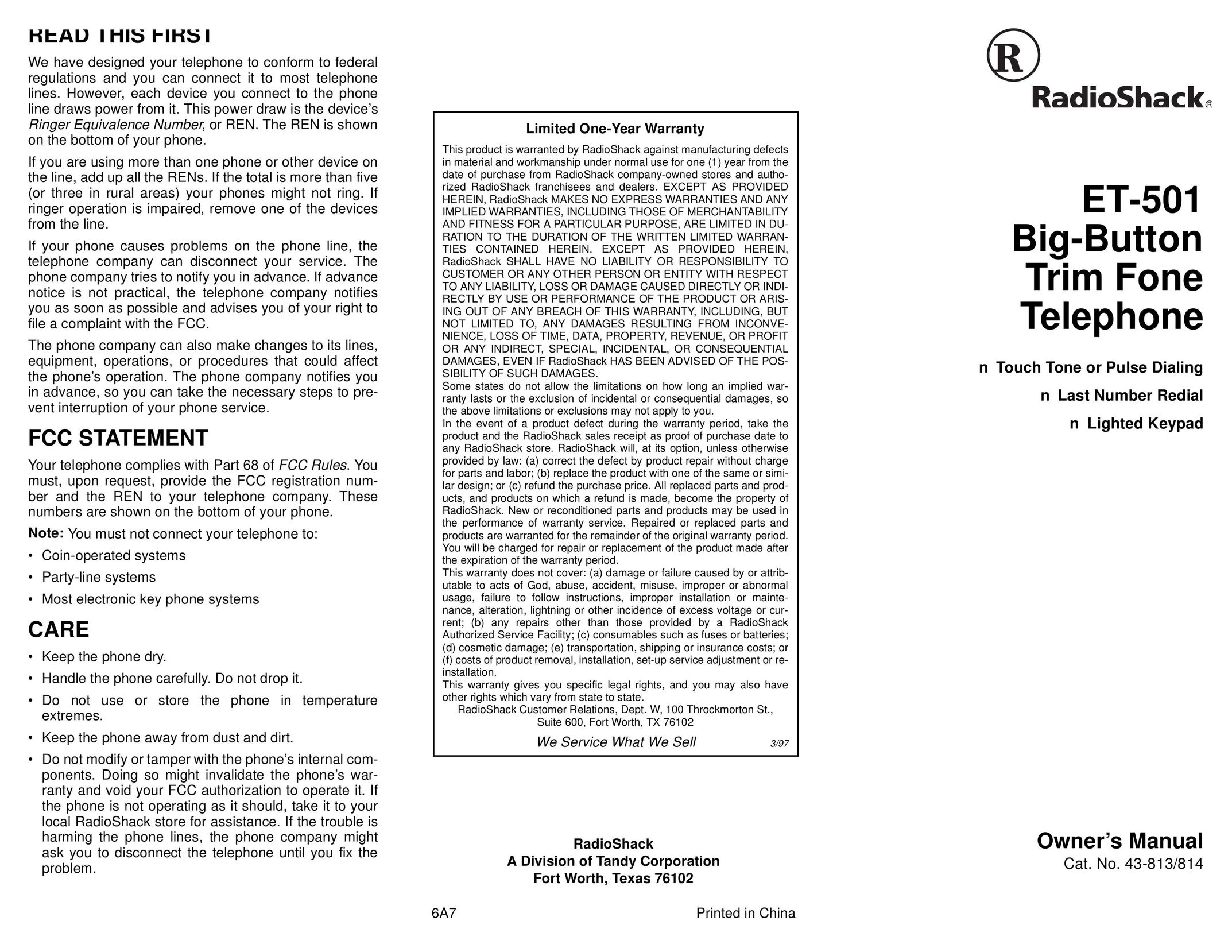 Radio Shack ET-501 Telephone User Manual