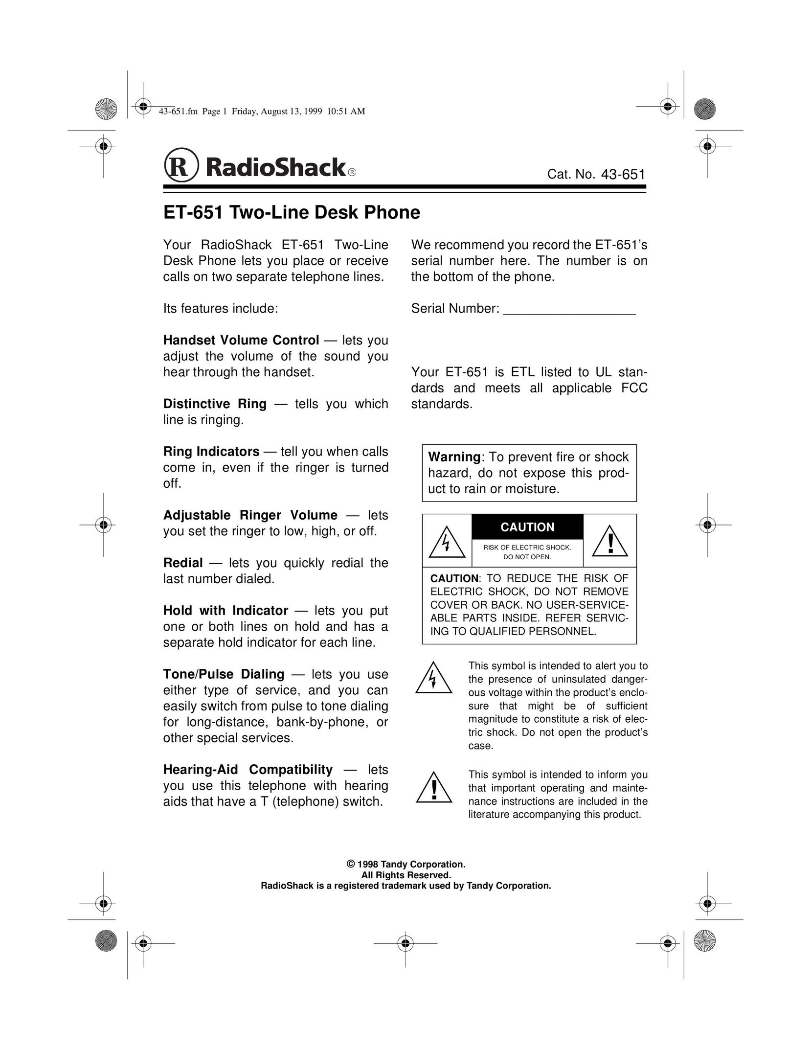 Radio Shack ET-651 Telephone User Manual