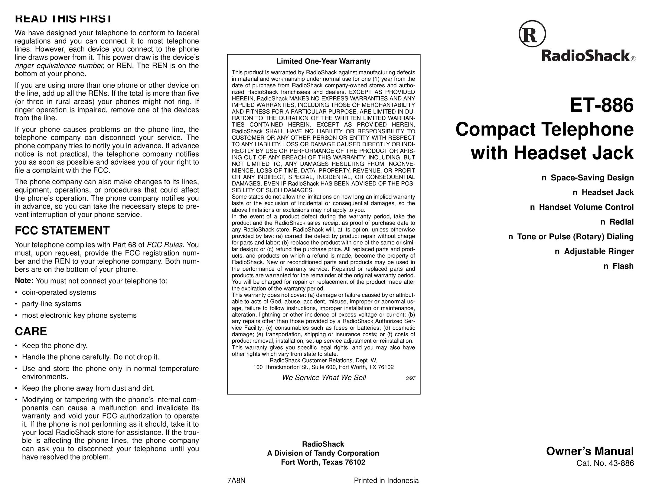 Radio Shack ET-886 Telephone User Manual