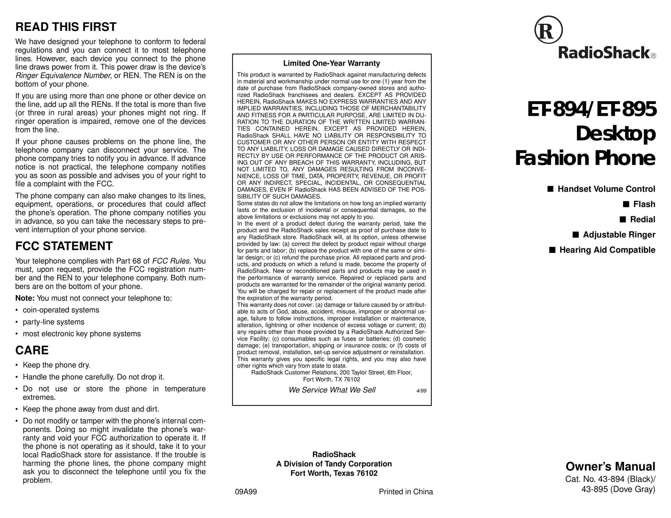 Radio Shack ET-895 Telephone User Manual